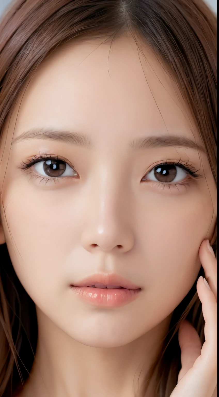 1 female, (close up of face:2.0), light brown hair, dull bangs, hair behind the ear, hair on shoulders, long hair, Extra-fine face, thin face, delicate lips, (beautiful eyes:1.5), light blush, eyes are light brown,watch here, ultra thin hands, extra thin fingers, Optimal ratio of 4 fingers and 1 thumb, white long coat, Scarf ,port area ,one person's perspective, 8K, table top, nffsw, Super detailed, high quality, 最high quality, High resolution,