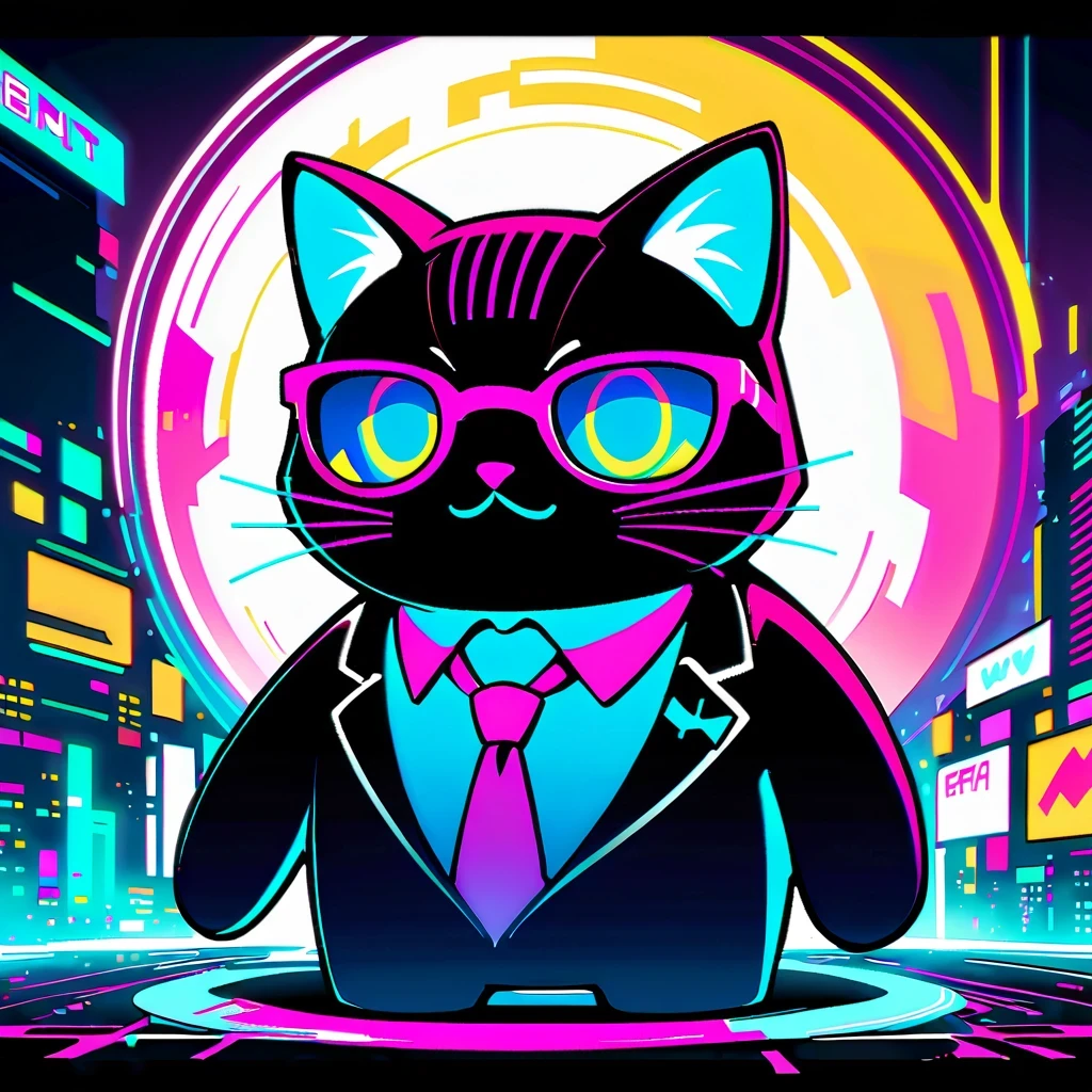 cyberpunk, anthropomorphic cat, The art of math, neon lights, So cool, elegant, suit, Glasses, tie, digital painting, Estilo Synthwave, plush The art of math, Buzzer, retro art
