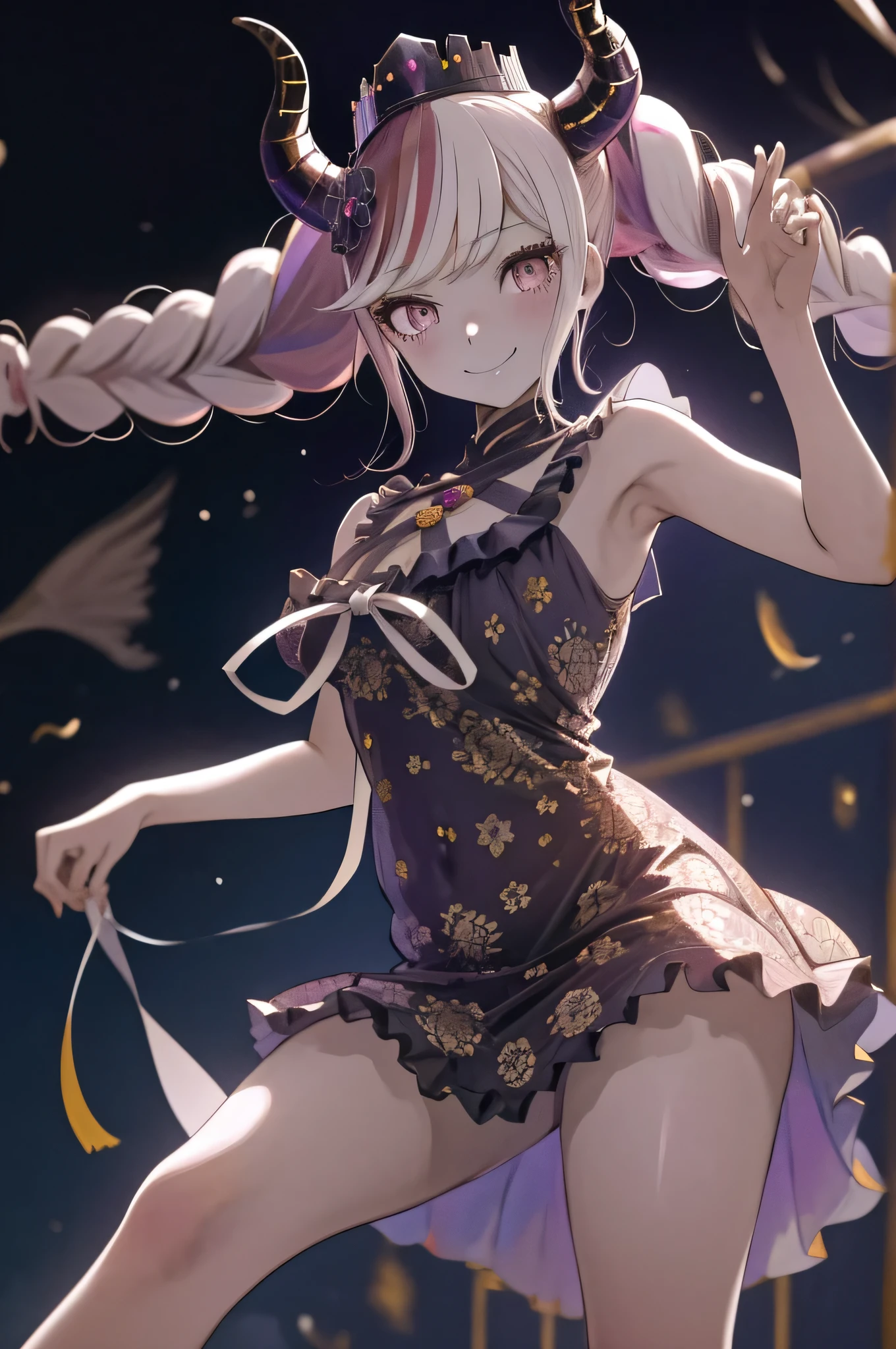 masterpiece, best quality, highres, 1girl twintails twin braids hair ornament demon horns crown china very short drees, smile, open legs, very sexy, random angle, firm breasts, escote muy amplio , ropa desabrochada, imagen sin censura, nsfw, very hot girl, es una puta!