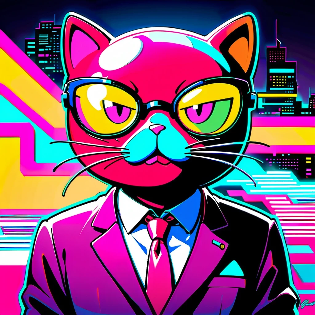 cyberpunk, anthropomorphic cat, The art of math, neon lights, So cool, elegant, suit, Glasses, tie, digital painting, Estilo Synthwave, plush The art of math, Buzzer, retro art