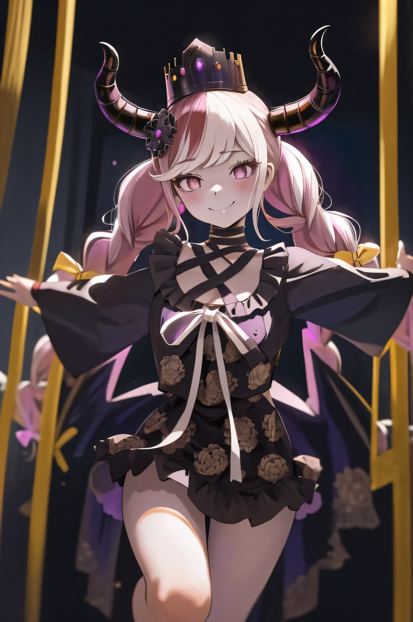 masterpiece, best quality, highres, 1girl twintails twin braids hair ornament demon horns crown china very short drees, smile, open legs, very sexy, random angle, firm breasts, escote muy amplio , ropa desabrochada, imagen sin censura, nsfw, very hot girl, es una puta!