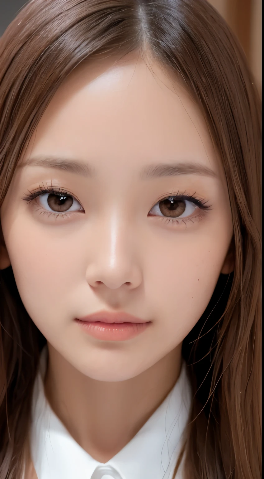 1 female, (close up of face:2.0), light brown hair, dull bangs, hair behind the ear, hair on shoulders, long hair, Extra-fine face, thin face, delicate lips, (beautiful eyes:1.5), light blush, eyes are light brown,watch here, ultra thin hands, extra thin fingers, Optimal ratio of 4 fingers and 1 thumb, white long coat, Scarf ,port area ,one person&#39;s perspective,  8K, table top, nffsw, Super detailed, high quality, 最high quality, High resolution,