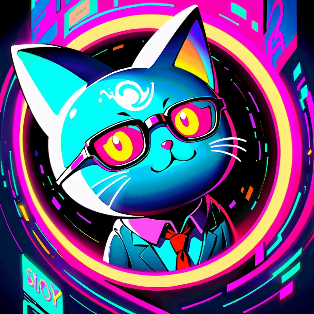 cyberpunk, anthropomorphic cat, The art of math, neon lights, So cool, elegant, suit, Glasses, tie, digital painting, Estilo Synthwave, plush The art of math, Buzzer, retro art