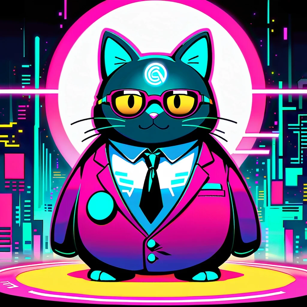 cyberpunk, anthropomorphic cat, The art of math, neon lights, So cool, elegant, suit, Glasses, tie, digital painting, Estilo Synthwave, plush The art of math, Buzzer, retro art