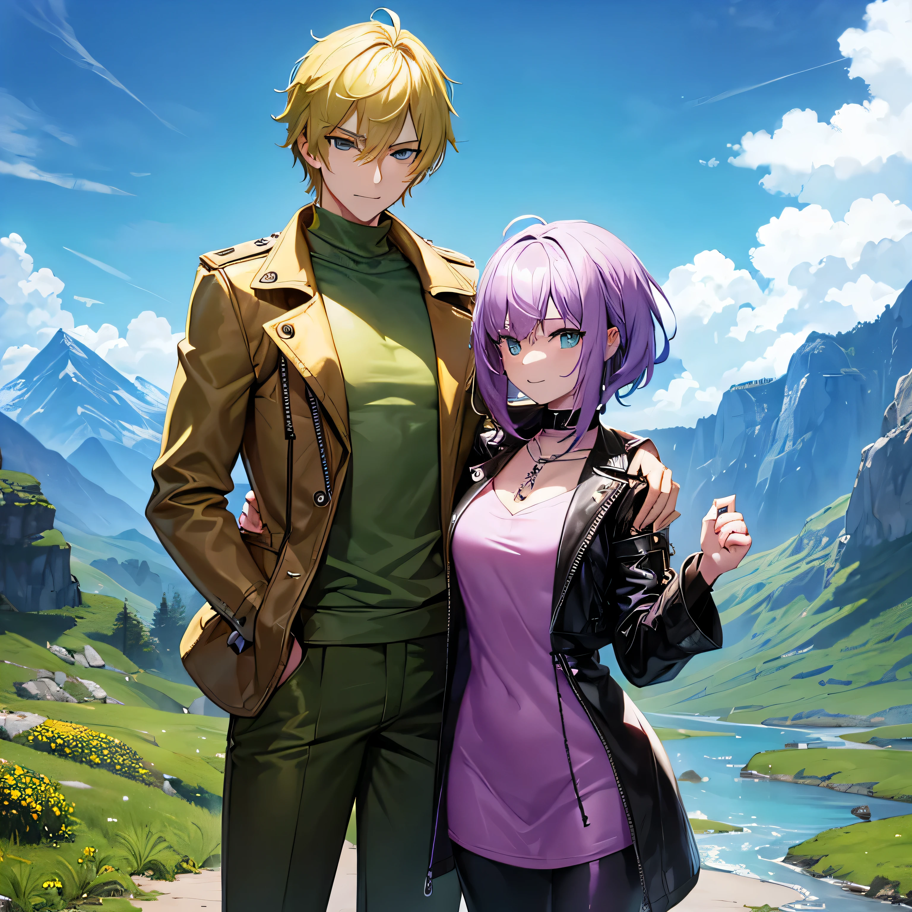 Two characters. Young tall blond man with a beautiful athletic body, in a khaki and yellow hoodie. and a short girl with pink hair, beautiful hourglass shaped body, Green eyes, with a sly smile. The girl is wearing a black leather jacket and a purple top..., silver chains on long trousers. Cold weapon in hand. dangerous, brutal killers. atmospheric picture, Very beautiful, background in green and purple shades, Nature, mountains and plains, rivers
