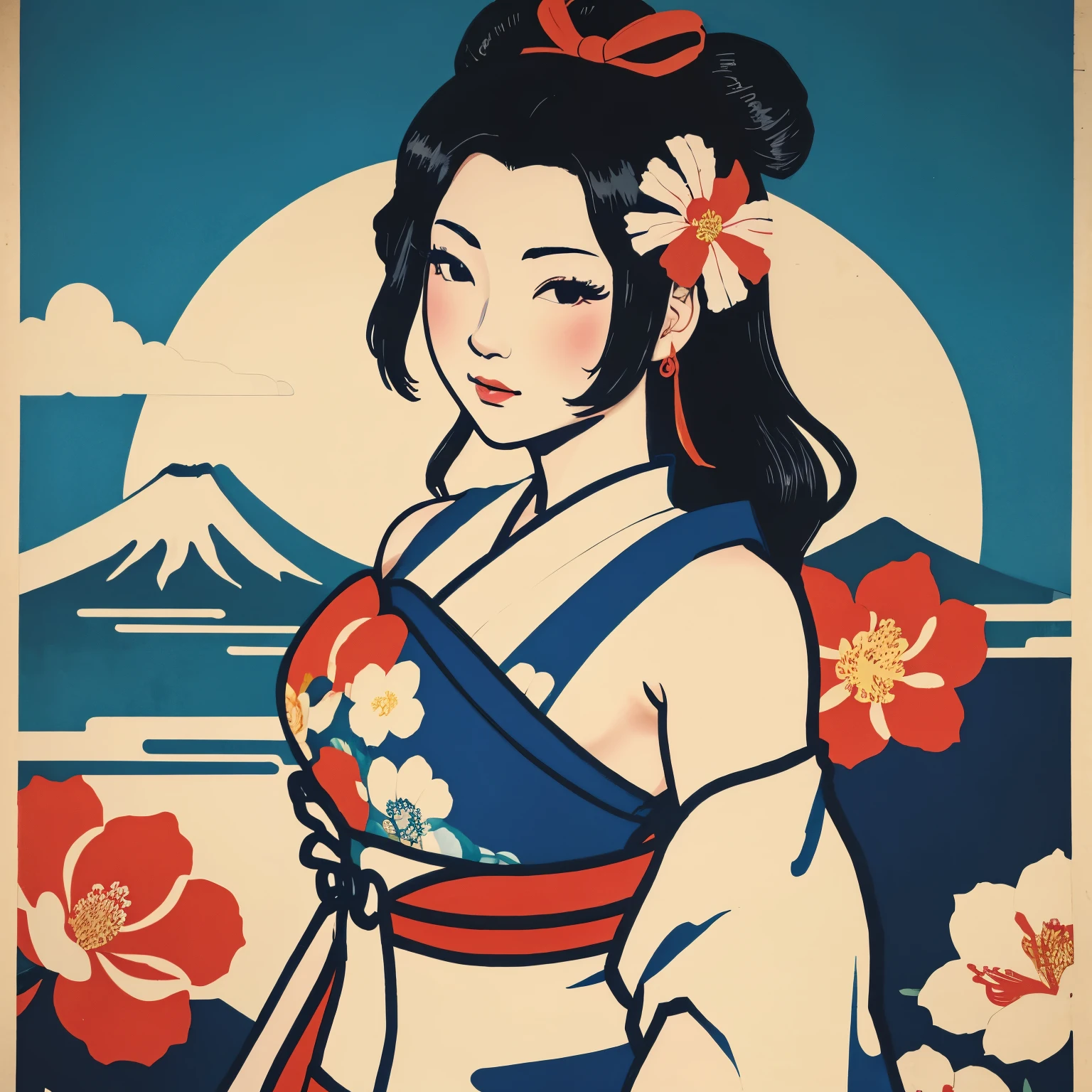 Art vintage japonais, Conception de t-shirts, art vectoriel, plat d&#39;art:1,4. \\ (japonaise, en kimono, best quality, Art officiel, Beaucoup de couleurs, couleurs du japon, ukiyo-e, le mont fuji, fleurs de cerisier, bare shoulders, belles formes,: 1.2)