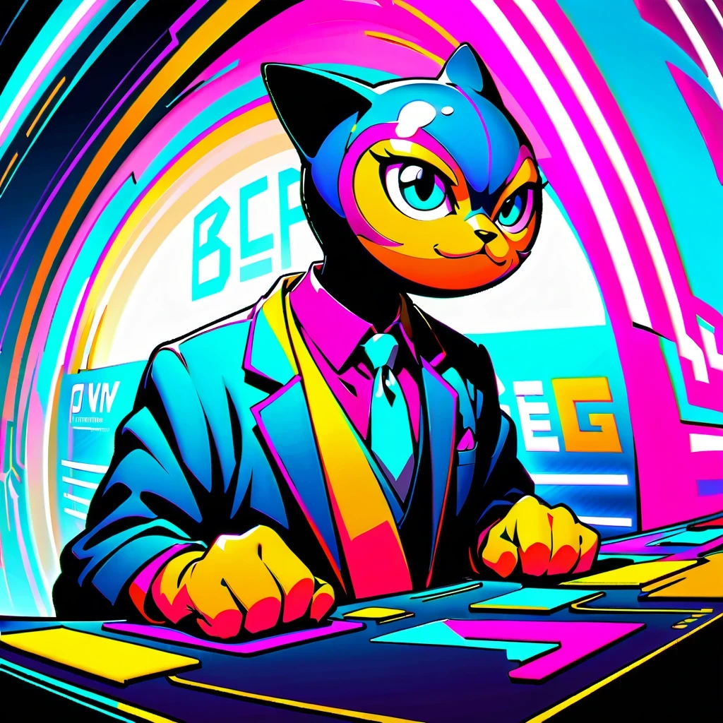 cyberpunk, anthropomorphic cat, The art of math, neon lights, So cool, elegant, suit, Glasses, tie, digital painting, Estilo Synthwave, plush The art of math, Buzzer, retro art