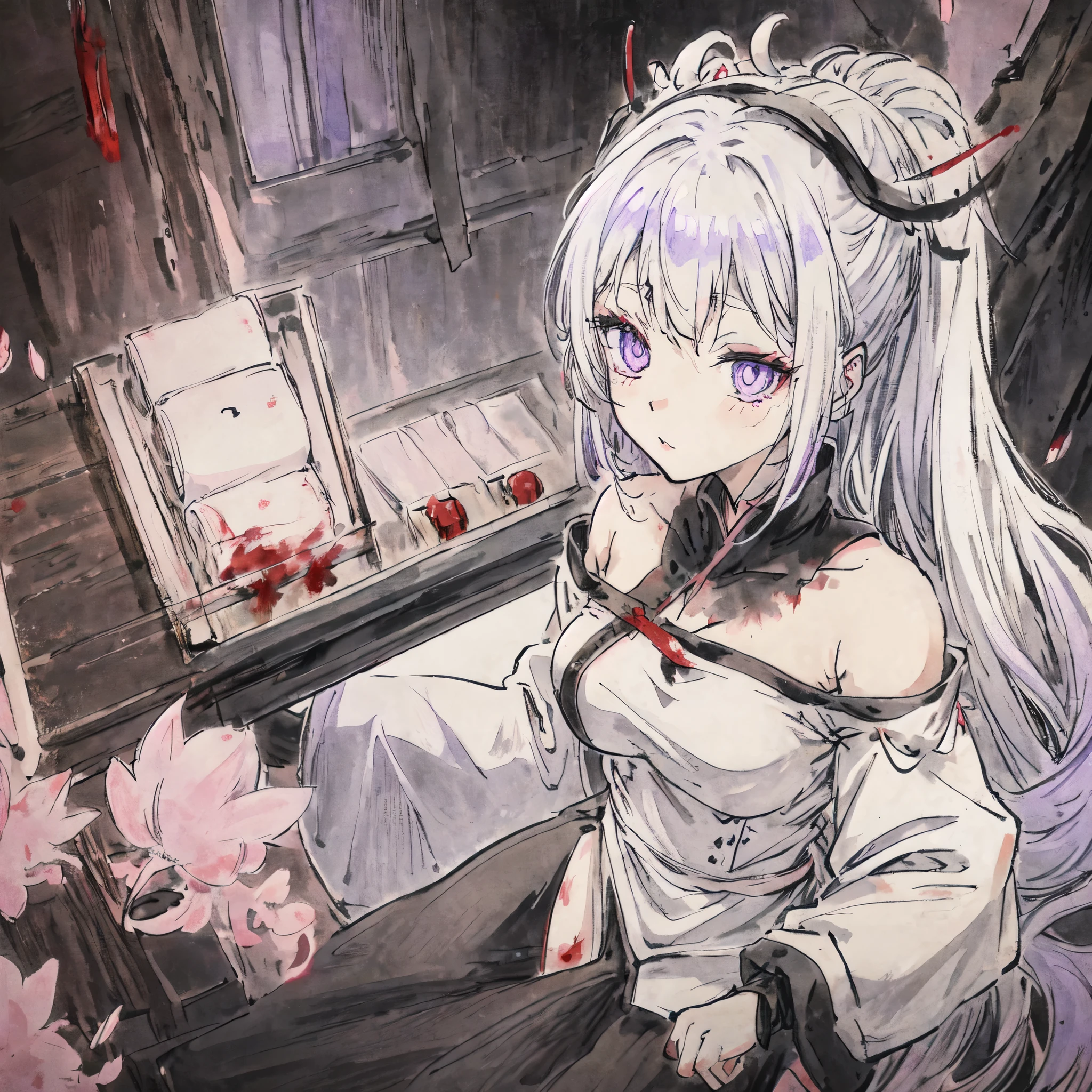 Virtuous person, ta, anime girl, medieval, anime girl, white hair and violet eyes, Black socks,Tunic, blood mist, alchemist
