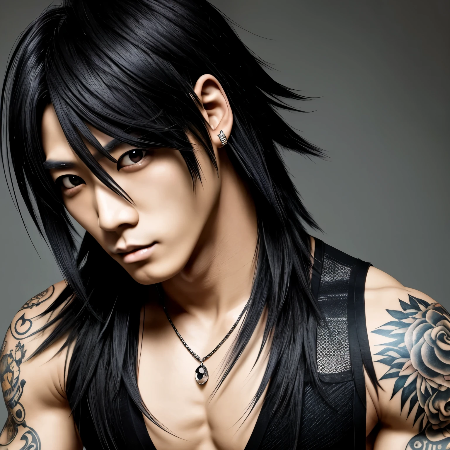 1 man, Japanese Male, Japanese man, Muscular, Tattoos, Visual Kei Style, Outfit Visual kei, Visual kei Style, black, Japanese Face, Japanese face, Asian eyes,, pretty face, beautiful face, Black hair, Black hair, Ultra detailed face and body, Visual Kei, Man,, Visual Kei, Visual Kai Hairstyle, Muscular, Muscular, He is 30 years old, Age 30, Asian eyes, Asia eyes, piercings, piercings