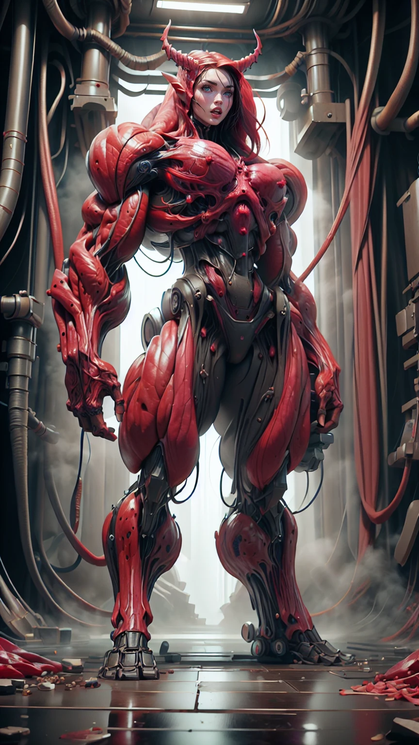 Cinematic, clear facial features and insanely detailed, the image captures the essence of (1 girl), (megan fox:1.25), (long red hair), (carnage skinless physique:1.25), (1 super muscular undead skinless succubus with gigantic horns:1.25), (covered in red necrotic rotting skinless muscle:1.25), (exposed muscles & veins everywhere:1.25), (perfect fingers:1.25) (full body pose:1.25). The color grading is beautifully done, enhancing the overall cinematic feel. Unreal Engine makes her appearance even more mesmerizing. With depth of field (DOF), every detail is focused and accentuated, drawing attention to her eyes and hair. Peak image resolution utilizing super-resolution technology ensures pixel perfection. Cinematic lighting enhances her aura, while anti-aliasing techniques like FXAA and TXAA keep the edges smooth and clean. Adding realism to the muscular bio-mecha succubus , RTX technology enables ray tracing. Additionally, SSAO (Screen Space Ambient Occlusion) gives depth and realism to the scene, the girl's presence even more convincing. In the post-processing and post-production stages, tone mapping enhances the colors, creating a captivating visual experience. The integration of CGI (Computer-Generated Imagery) and VFX (Visual Effects brings out her demonic features seamlessly . Icredible level of detail, with intricate elements meticulously crafted, the artwork hyper maximalist and hyper-realistic. Volumetric effects add depth and dimension, with unparalleled photorealism. 8k resolution rendering ensures super detailed visuals. The volumetric lighting adds a touch of magic, highlighting her beauty and aura in an otherworldly way. High Dynamic Range (HDR) tech makes the colors pop, adding richness to the overall composition. Ultimately, this artwork presents an unreal, yet stunningly real portrayal of an incredibly beautiful bio-mecha succubus girl. The sharp focus ensures that every feature is crisply defined, creating a captivating presence.