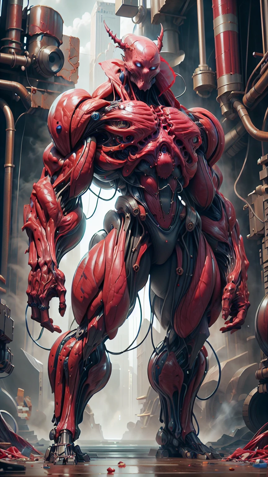 Cinematic, clear facial features and insanely detailed, the image captures the essence of (1 girl), (megan fox:1.25), (long red hair), (carnage skinless physique:1.25), (1 super muscular undead skinless succubus with gigantic horns:1.25), (covered in red necrotic rotting skinless muscle:1.25), (exposed muscles & veins everywhere:1.25), (perfect fingers:1.25) (full body pose:1.25). The color grading is beautifully done, enhancing the overall cinematic feel. Unreal Engine makes her appearance even more mesmerizing. With depth of field (DOF), every detail is focused and accentuated, drawing attention to her eyes and hair. Peak image resolution utilizing super-resolution technology ensures pixel perfection. Cinematic lighting enhances her aura, while anti-aliasing techniques like FXAA and TXAA keep the edges smooth and clean. Adding realism to the muscular bio-mecha succubus , RTX technology enables ray tracing. Additionally, SSAO (Screen Space Ambient Occlusion) gives depth and realism to the scene, the girl's presence even more convincing. In the post-processing and post-production stages, tone mapping enhances the colors, creating a captivating visual experience. The integration of CGI (Computer-Generated Imagery) and VFX (Visual Effects brings out her demonic features seamlessly . Icredible level of detail, with intricate elements meticulously crafted, the artwork hyper maximalist and hyper-realistic. Volumetric effects add depth and dimension, with unparalleled photorealism. 8k resolution rendering ensures super detailed visuals. The volumetric lighting adds a touch of magic, highlighting her beauty and aura in an otherworldly way. High Dynamic Range (HDR) tech makes the colors pop, adding richness to the overall composition. Ultimately, this artwork presents an unreal, yet stunningly real portrayal of an incredibly beautiful bio-mecha succubus girl. The sharp focus ensures that every feature is crisply defined, creating a captivating presence.