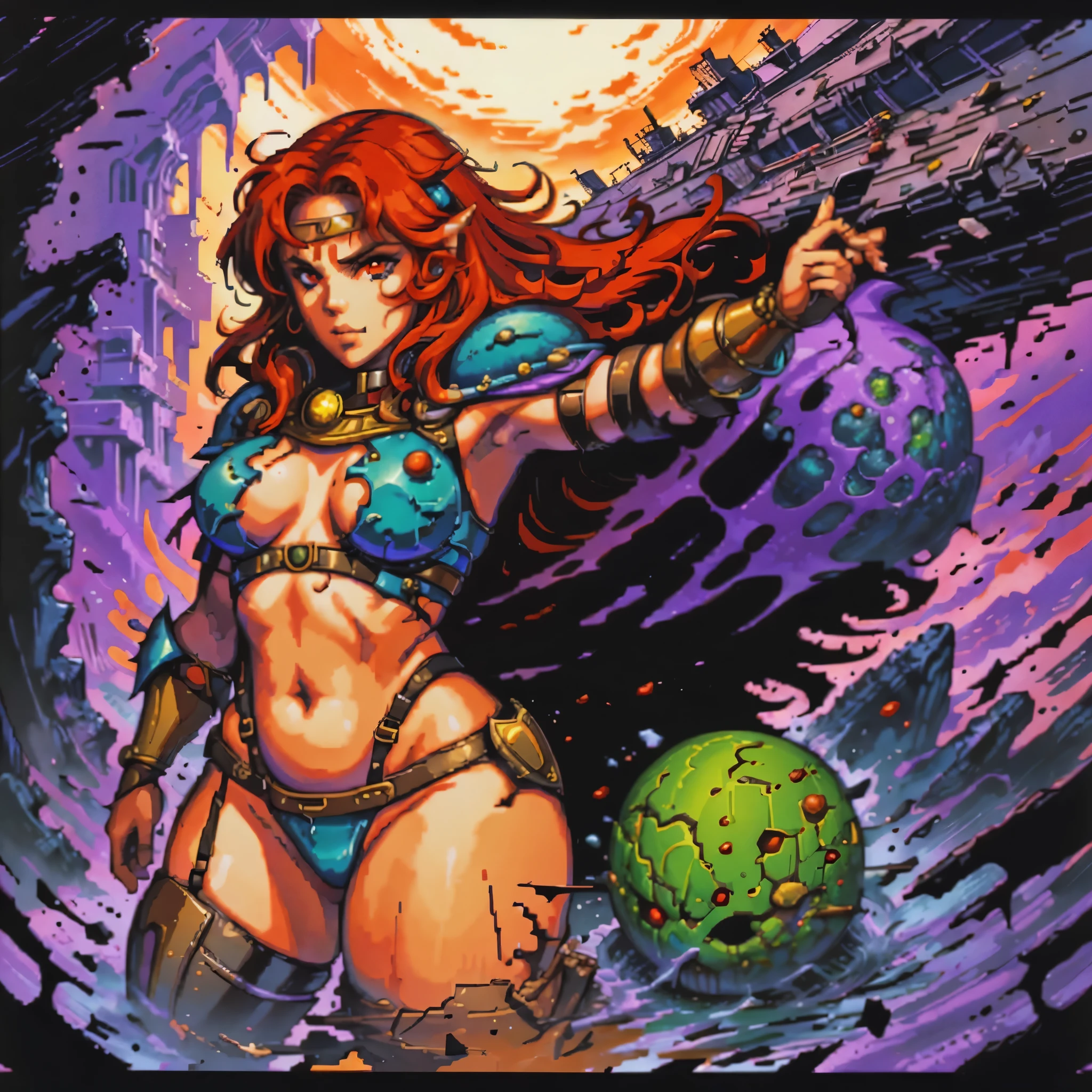 One barbarian girl, red head girl, space-warrior girl, cyborg girl, beautiful bbw girl, chubby girl, woman-warrior, whole body, nude body, Perfect skin, space background, blood rain, dark fantasy, Linsner style, Science fiction, 80s, 16-bit game, VHS era, planet in space background, purple lightning, psychedelic color background, smog, fog, swamp, girl in swamp, mad max style, vhs tape cover, goblinko style