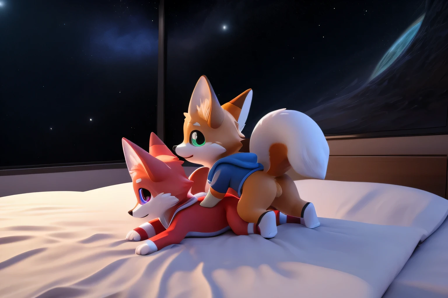 (((wilderness))), ((charming小蓝狐, Miss,male, young)) Two foxes have different eye colors， chibi， charming，Shy, blush, logo design， The car has， movie lighting effects， ((3D vector art))， Cute and quirky， fantasy art， Bokeh， Hand Painted， number， soft light， Isometric风格， 4K resolution， photorealistic rendering， High level of detail cleaning， vector image， A lifelike masterpiece， Professional photography， simple space background， Flat white background， Isometric，Vibrant vector,canine vagina ,Make love,mating,hoodie, bottomless pit, Fine hairs, Anisotropic fur gloss, ((subsurface scattering)),in the room, on the bed, ((The body is very wide)), ((animal genitals)), [[vein]], (on all fours), ((Show rear)), [anus], big tail, ((Striped knee-length socks))