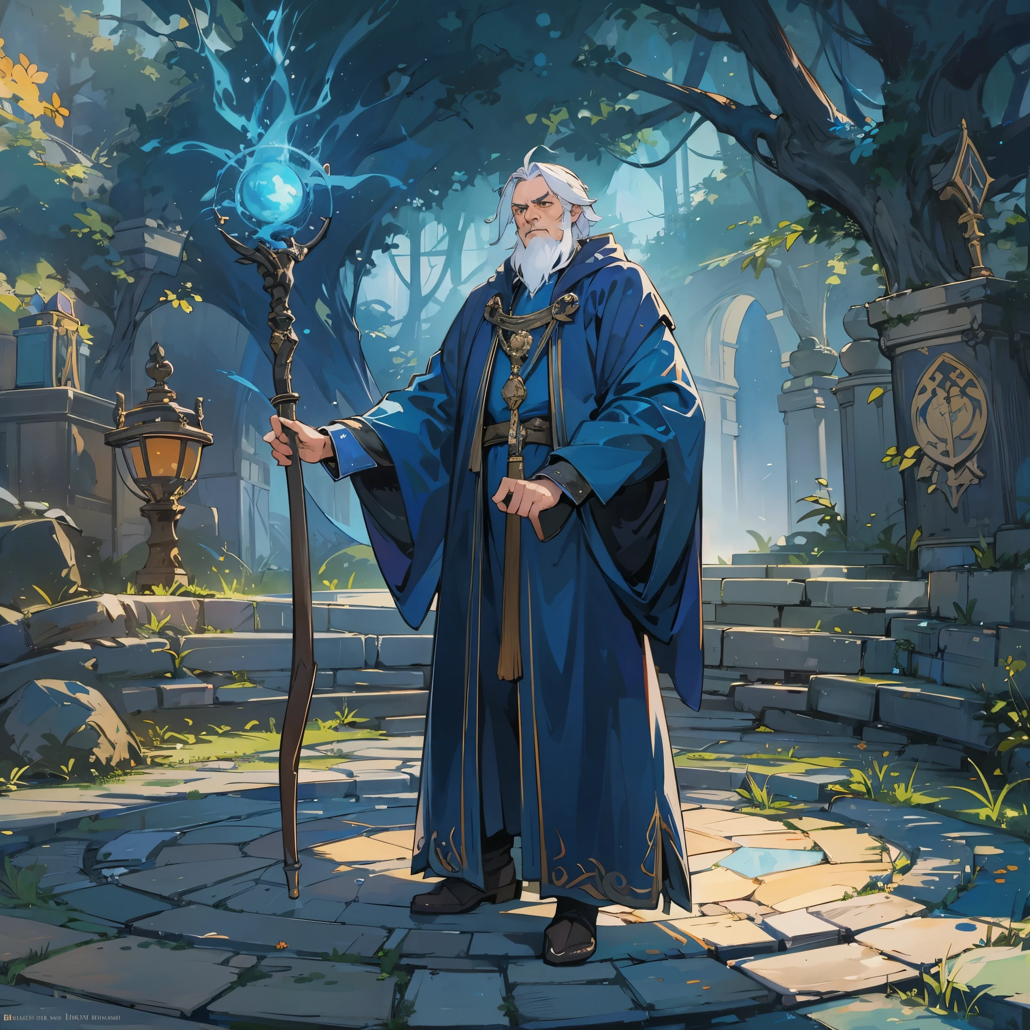 an older man，European medieval magician，wizard，Wearing dark blue mage robes，Holding staff，Stand in the middle of the magic array，The surrounding environment is a magic academy。Medium shot composition，full body picture，characters and scenes，Game concept art style，Anime illustration style，watercolor style，Marker style，high-definition，4k。