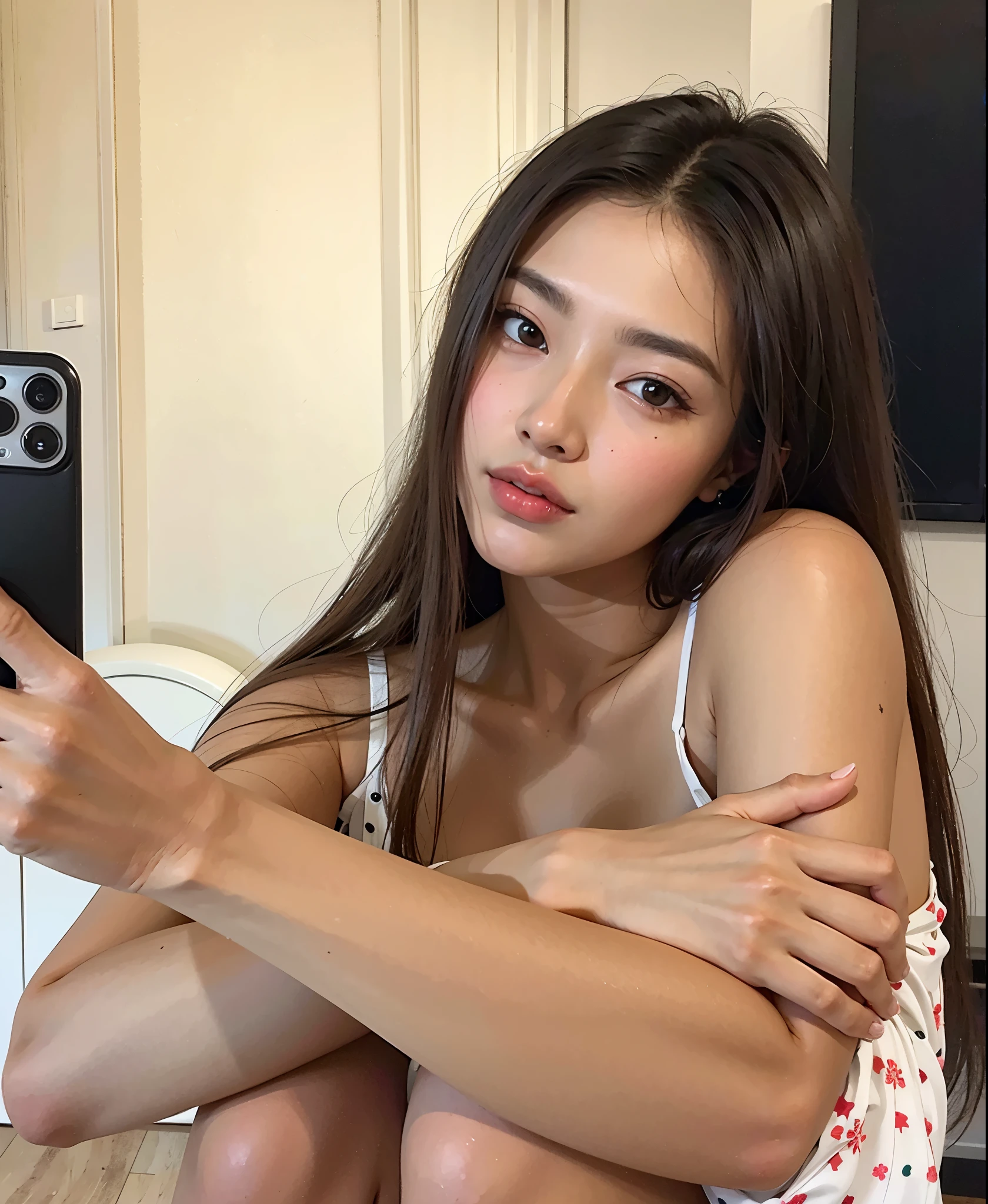 Araffada woman in a white top taking a selfie with her cell phone, modelo coreana, beautiful Niña asiatica, preciosa modelo china, mujer coreana, beautiful young mujer coreana, wenfei yen, taejune kim, kwak ji, joven y adorable rostro coreano 