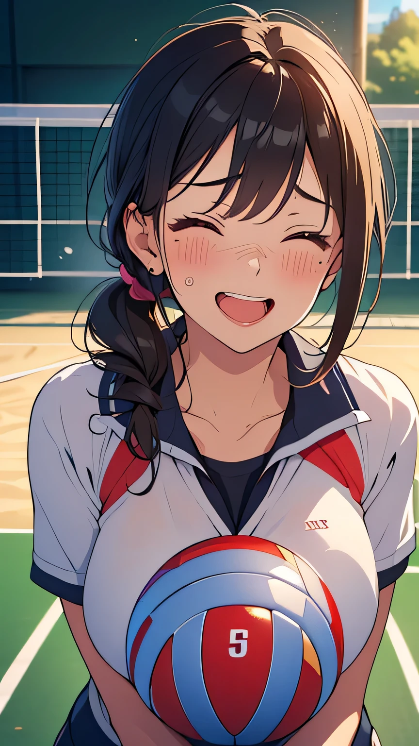 best quality, ultra high res, (dark hair:1), (beautiful Busty breasts:1), short low ponytail,a sexy mole around the mouth,sweat,(enjoy:1.6), (burst into laughter:1.4), (squinting:1.4),(plain uniform:1.1),(volleyball uniform:1.2)