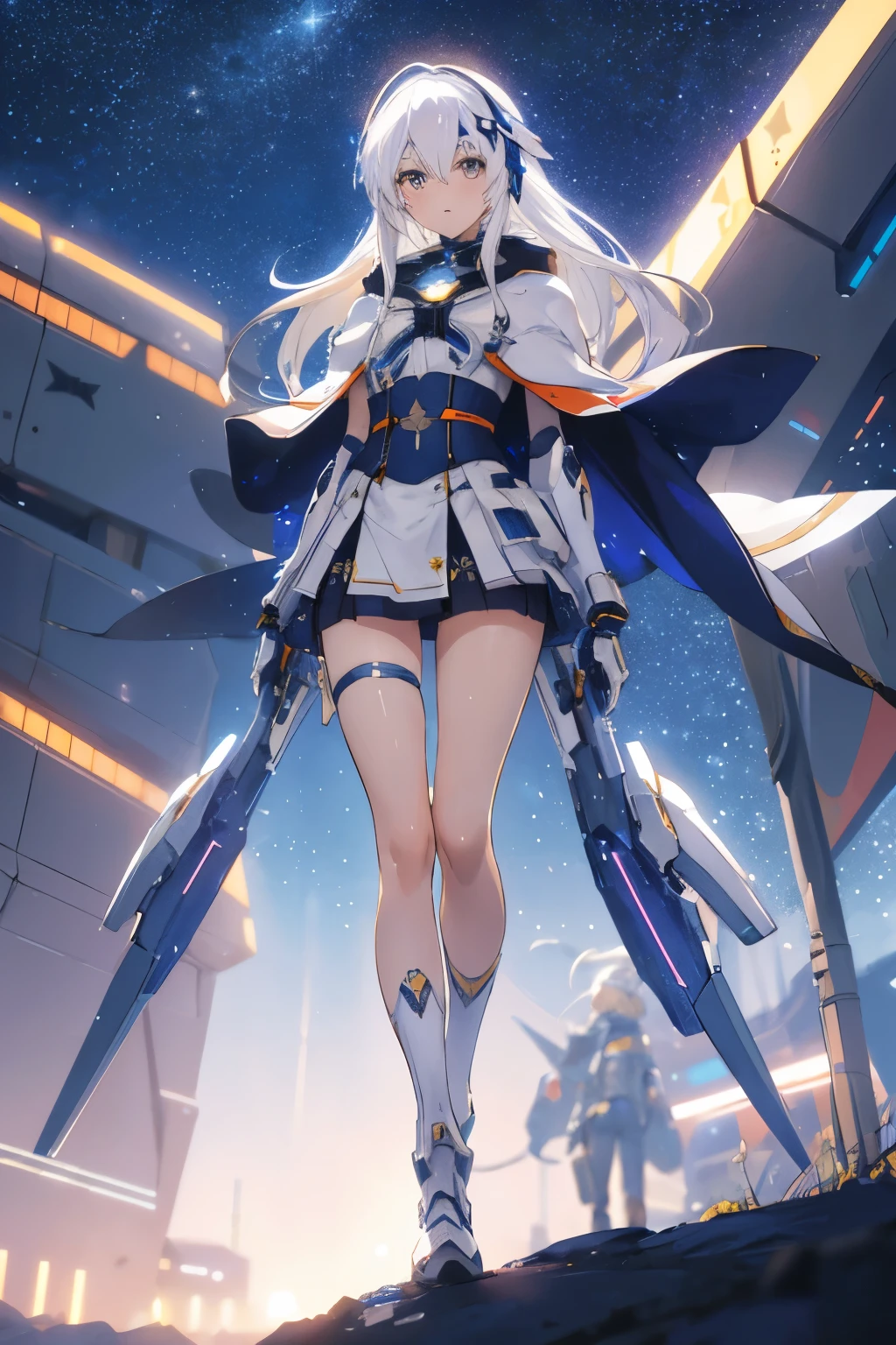 Masterpiece, best quality, 4k, mecha, starry sky, sky, stars(sky), cape, headband, slender legs, long hair, white hair, cyberpunk, depth of field, blurred background,