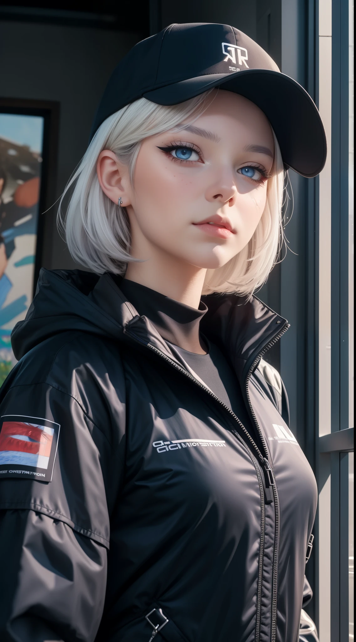 masterpiece, best quality, 4k, UHD, mishoujo, painting, beautiful eyes and detailed face, illustration, beautiful detailed, high resolution illustration, glowing_white_particles, 1girl, white hair, light purple eye, hair over one eye, short sidetail, baseball cap,expressionless, window shade, black jacket, chest rig, cyberpunk, techwear,(Impressionism:1.4)