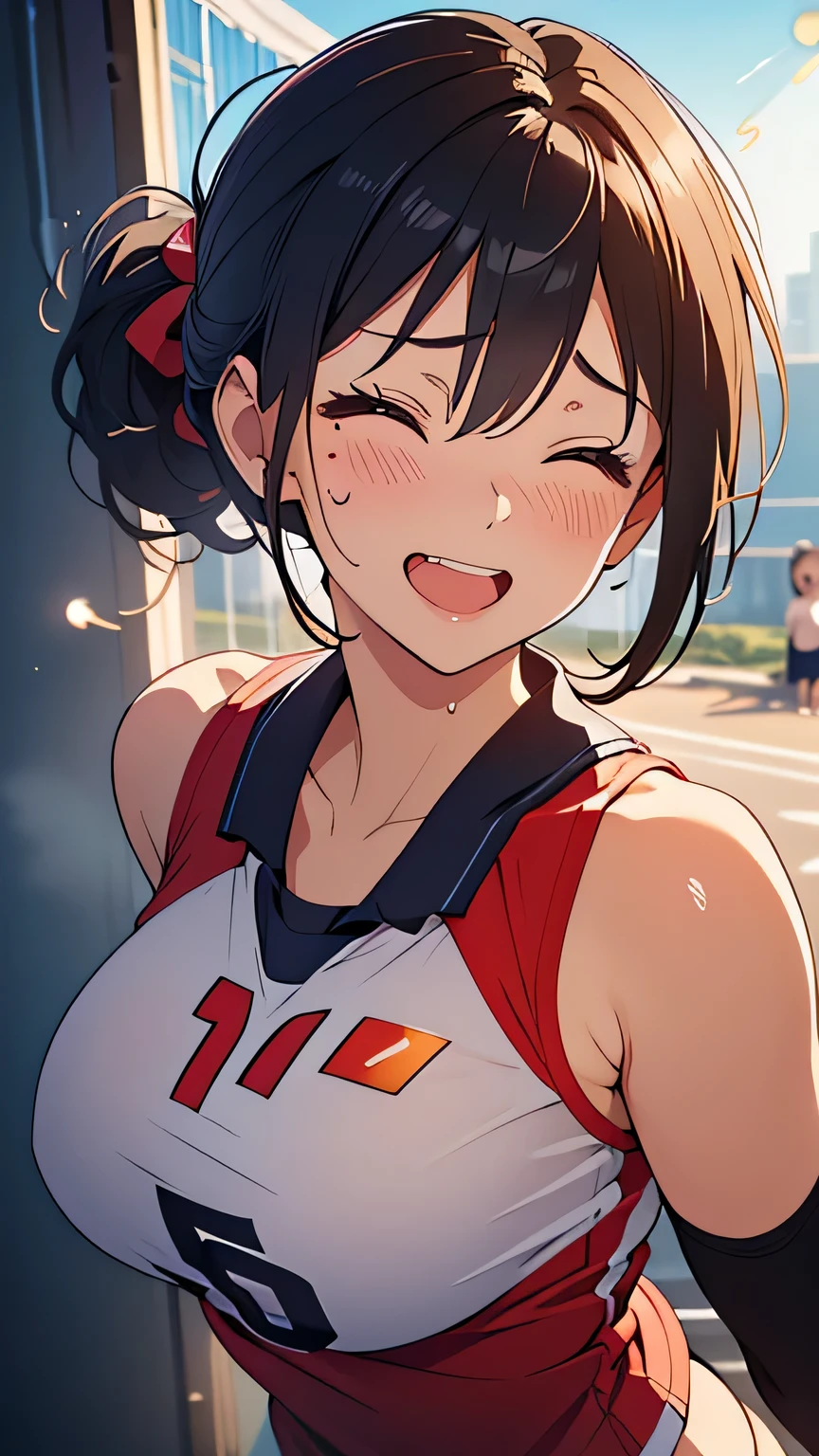 best quality, ultra high res, (dark hair:1), (beautiful Busty breasts:1), short low ponytail,a sexy mole around the mouth,sweat,(enjoy:1.6), (burst into laughter:1.4), (squinting:1.4),(simple plain uniform:1.1),(volleyball uniform:1.2)