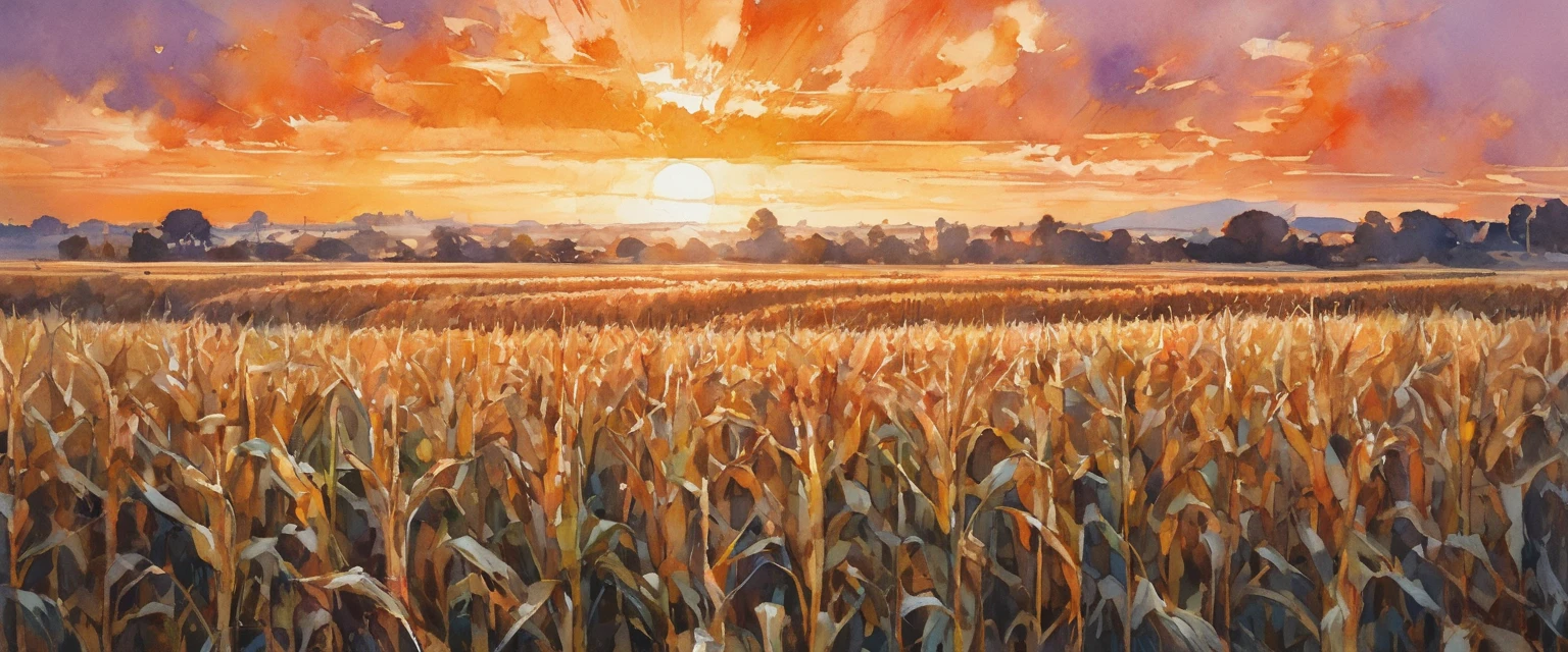 As the sun begins its descent, casting a warm, golden hue across the horizon, imagine standing amidst a vast expanse of cornfields. The stalks, gently swaying in the evening breeze, create a mesmerizing pattern against the sky. With an ultra-wide-angle perspective, the scene unfolds dramatically. The sun, a fiery orb, dips lower, painting the clouds with shades of orange, pink, and purple. The rows of corn stretch endlessly, converging toward a focal point on the horizon where the sun kisses the earth. Shadows lengthen, adding depth and contrast to the landscape. It's a moment of serene beauty captured in a single frame, evoking a sense of awe and tranquility.