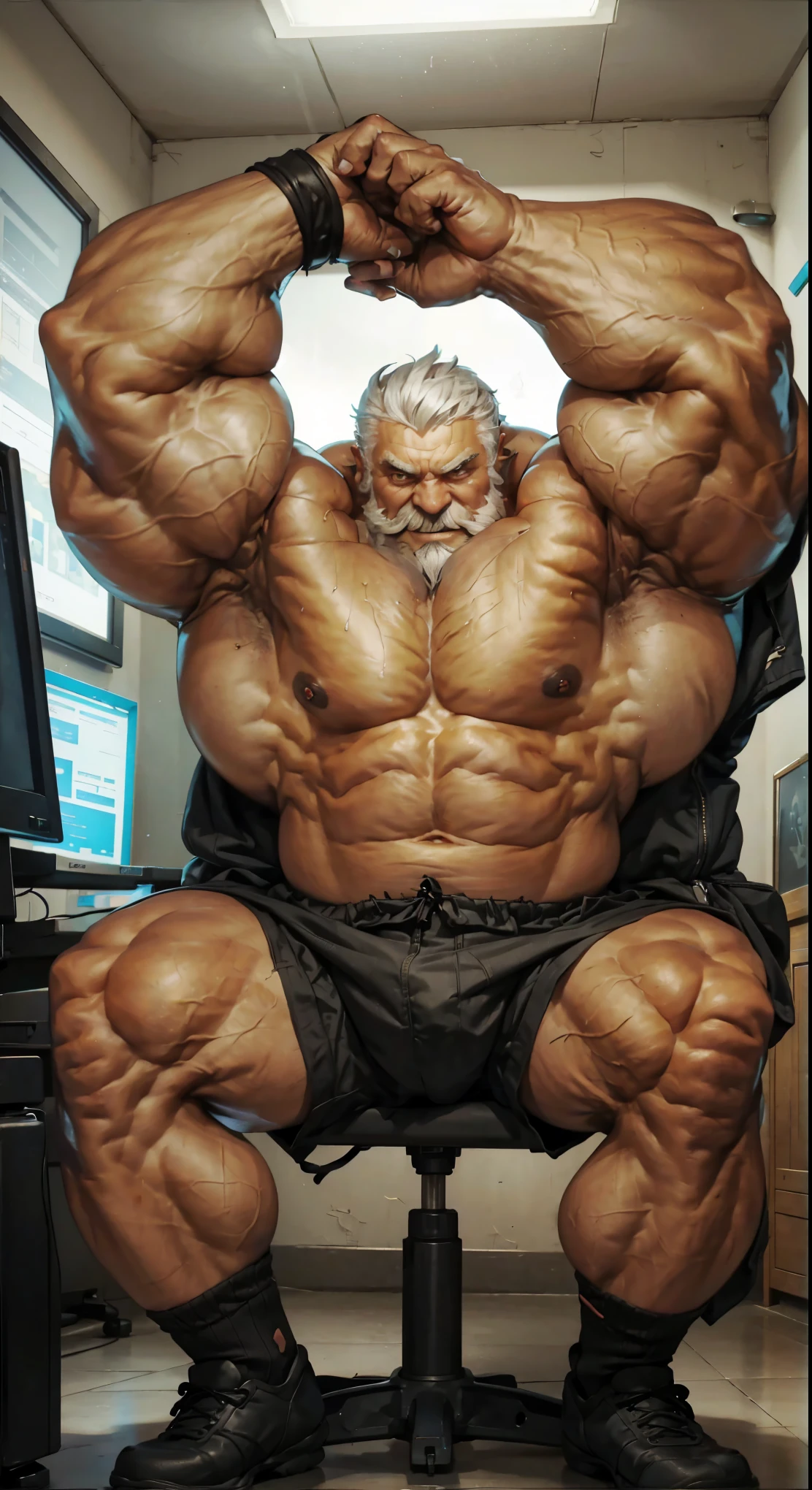 chubby old man in room sitting starting live stream pc gaming pc, face to monitor, dark room. old man, thick arm, huge arm, bearded. white hair and beard, bearded, muscular, pectoral, wide pectoral, realistic, 8k, masterpiece, (wearing shorts and shirtless:1.3, topless)