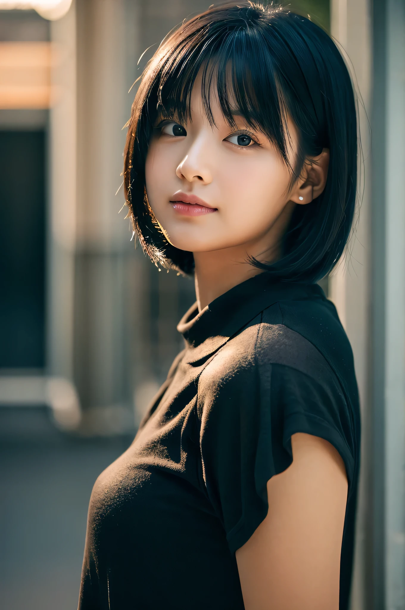 young woman、black hair、8K、Backlight