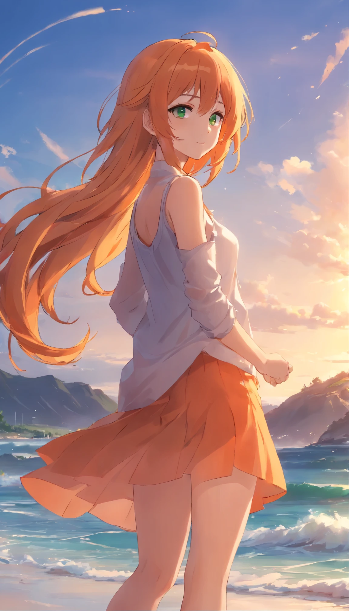 Anime girl with long orange hair, standing on the beach near the ocean, green eyes detailed digital anime art, anime girl with long hair, гладкое аниме cg art, anime girl with long hair, digital anime art, work in Guweiz style, Beautiful anime portrait, Photorealistic render of an anime girl, pantyhose, Beautiful anime girl, advanced digital anime art, guweiz на artstation pixiv HD UHD HQ
