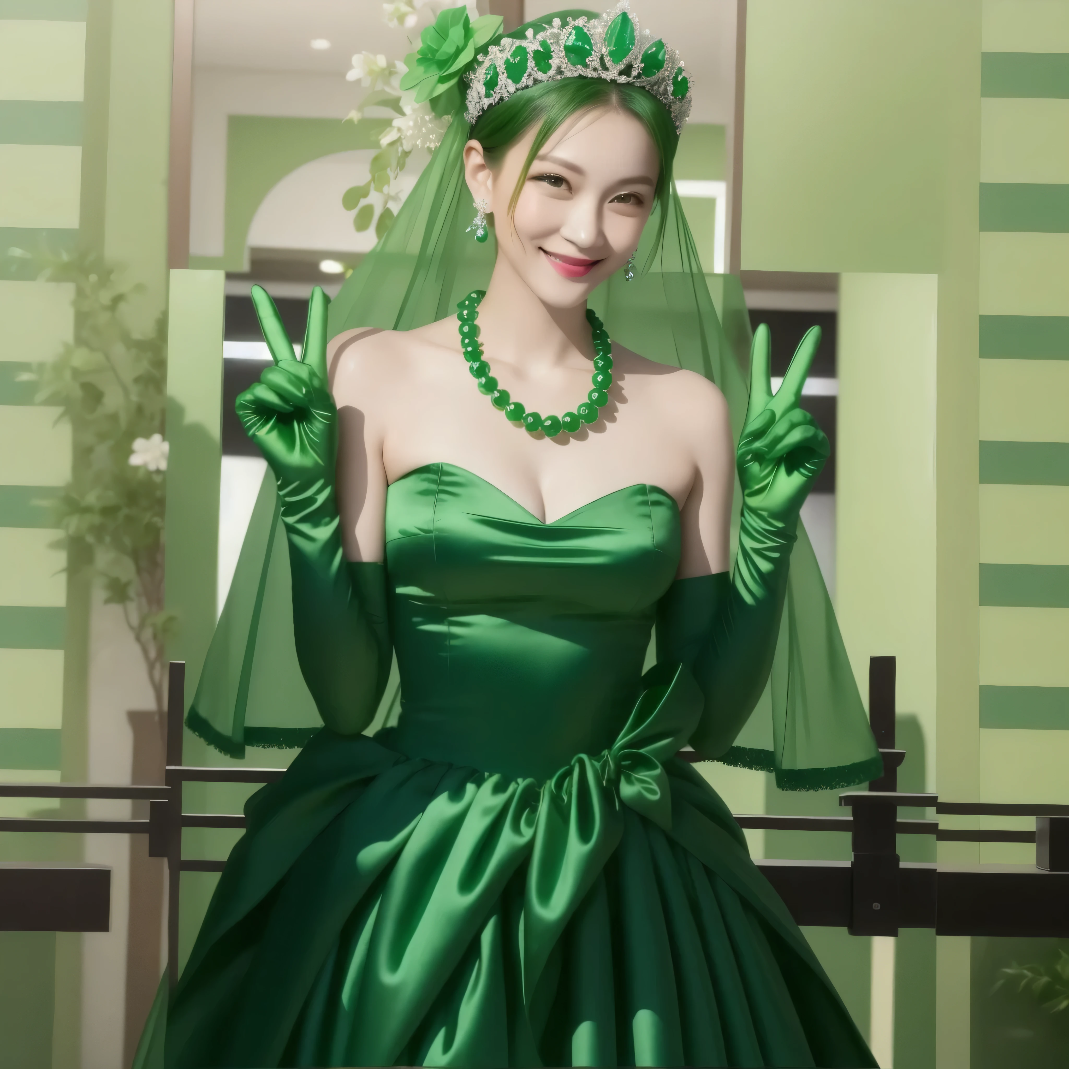 emerald tiara, green pearl necklace, Boyish green berry short hair, lipstick, Smiling Japan woman, very short hair, big breasts beautiful, green eyes, Green long gloves made of satin material, green eyes, V sign, emerald earrings, 30 generation women