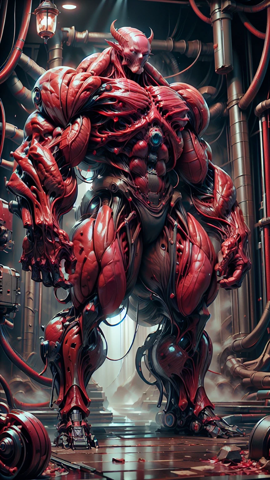 Cinematic, clear facial features and insanely detailed, the image captures the essence of (1 girl), (megan fox:1.25), (long red hair), (carnage skinless physique:1.25), (1 super muscular undead skinless succubus with gigantic horns:1.25), (covered in red necrotic rotting skinless muscle:1.25), (exposed muscles & veins everywhere:1.25), (perfect fingers:1.25) (full body pose:1.25). The color grading is beautifully done, enhancing the overall cinematic feel. Unreal Engine makes her appearance even more mesmerizing. With depth of field (DOF), every detail is focused and accentuated, drawing attention to her eyes and hair. Peak image resolution utilizing super-resolution technology ensures pixel perfection. Cinematic lighting enhances her aura, while anti-aliasing techniques like FXAA and TXAA keep the edges smooth and clean. Adding realism to the muscular bio-mecha succubus , RTX technology enables ray tracing. Additionally, SSAO (Screen Space Ambient Occlusion) gives depth and realism to the scene, the girl's presence even more convincing. In the post-processing and post-production stages, tone mapping enhances the colors, creating a captivating visual experience. The integration of CGI (Computer-Generated Imagery) and VFX (Visual Effects brings out her demonic features seamlessly . Icredible level of detail, with intricate elements meticulously crafted, the artwork hyper maximalist and hyper-realistic. Volumetric effects add depth and dimension, with unparalleled photorealism. 8k resolution rendering ensures super detailed visuals. The volumetric lighting adds a touch of magic, highlighting her beauty and aura in an otherworldly way. High Dynamic Range (HDR) tech makes the colors pop, adding richness to the overall composition. Ultimately, this artwork presents an unreal, yet stunningly real portrayal of an incredibly beautiful bio-mecha succubus girl. The sharp focus ensures that every feature is crisply defined, creating a captivating presence.