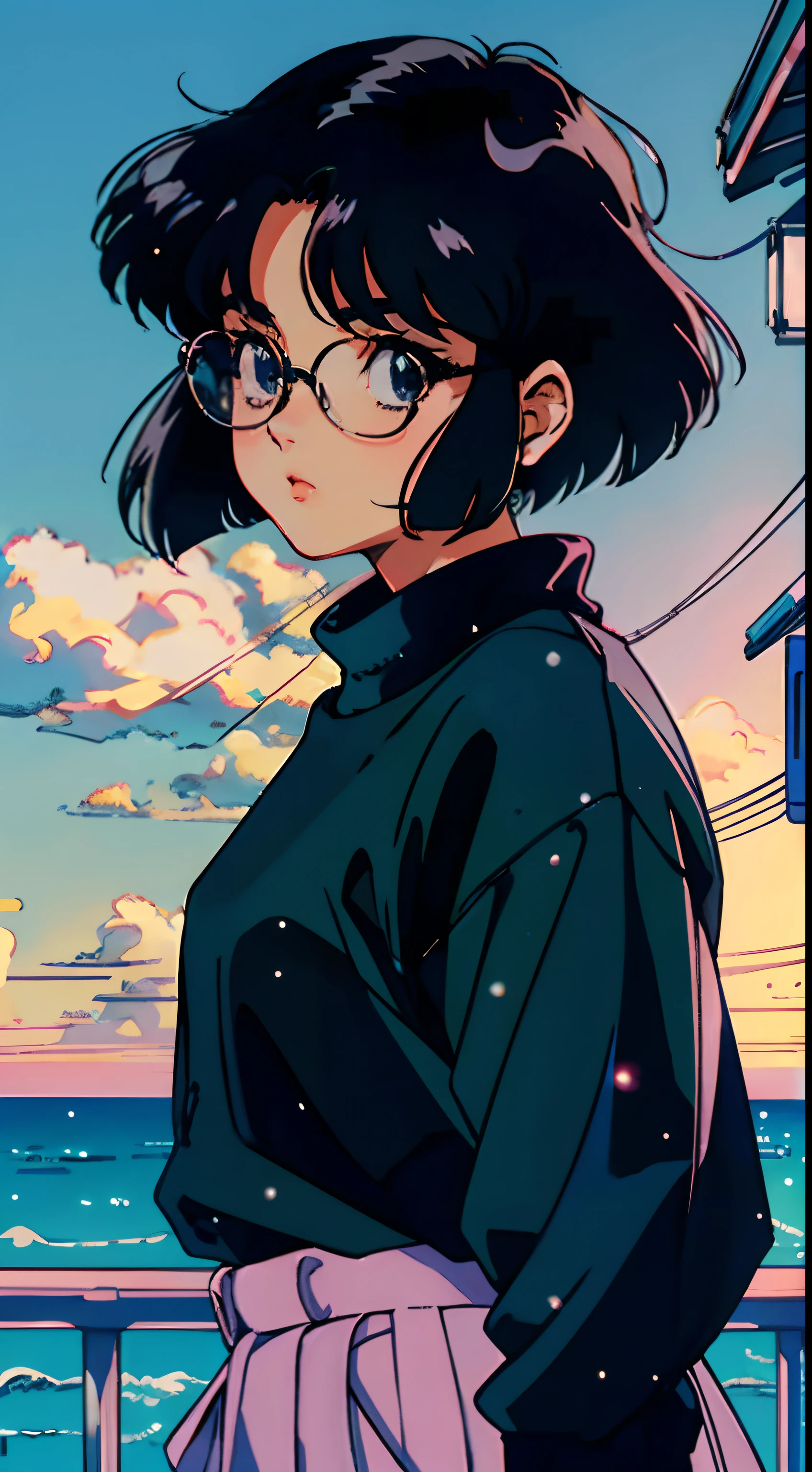 Calm pastel colors,Soft painting,retro anime, 1990s anime, 1980s anime, retro anime,retro anime style,masterpiece, highest quality, 1 girl, solo, black eye, long black hair,bob cut,medium hair, large round frame glasses,black sweater,closed mouth,simple background, Old School Anime, beautiful anime