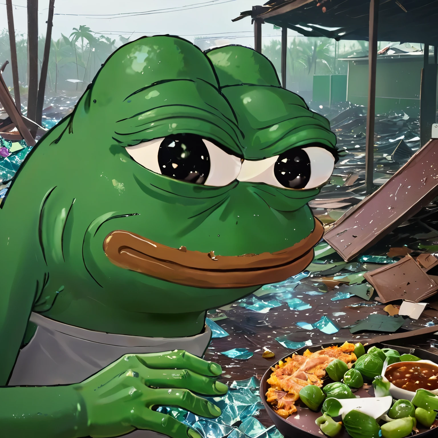 A hurricane-ravaged environment with lots of broken glass and scattered items, eating meat,(((pepe_frog))), 1 boy 