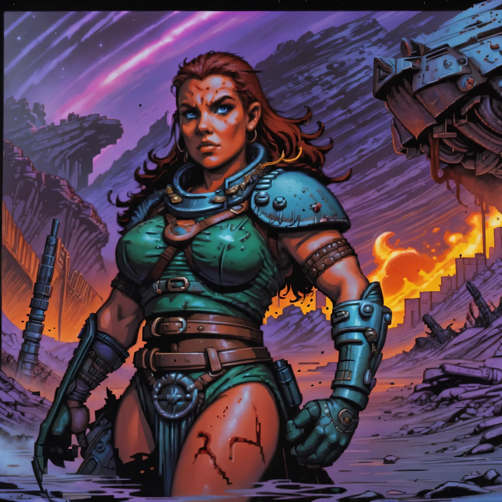 One barbarian girl, red head girl, space-warrior girl, cyborg girl, beautiful bbw girl, chubby girl, woman-warrior, whole body, nude body, Perfect skin, space background, blood rain, dark fantasy, Linsner style, Science fiction, 80s, 16-bit game, VHS era, planet in space background, purple lightning, psychedelic color background, smog, fog, swamp, girl in swamp, mad max style, vhs tape cover, goblinko style
