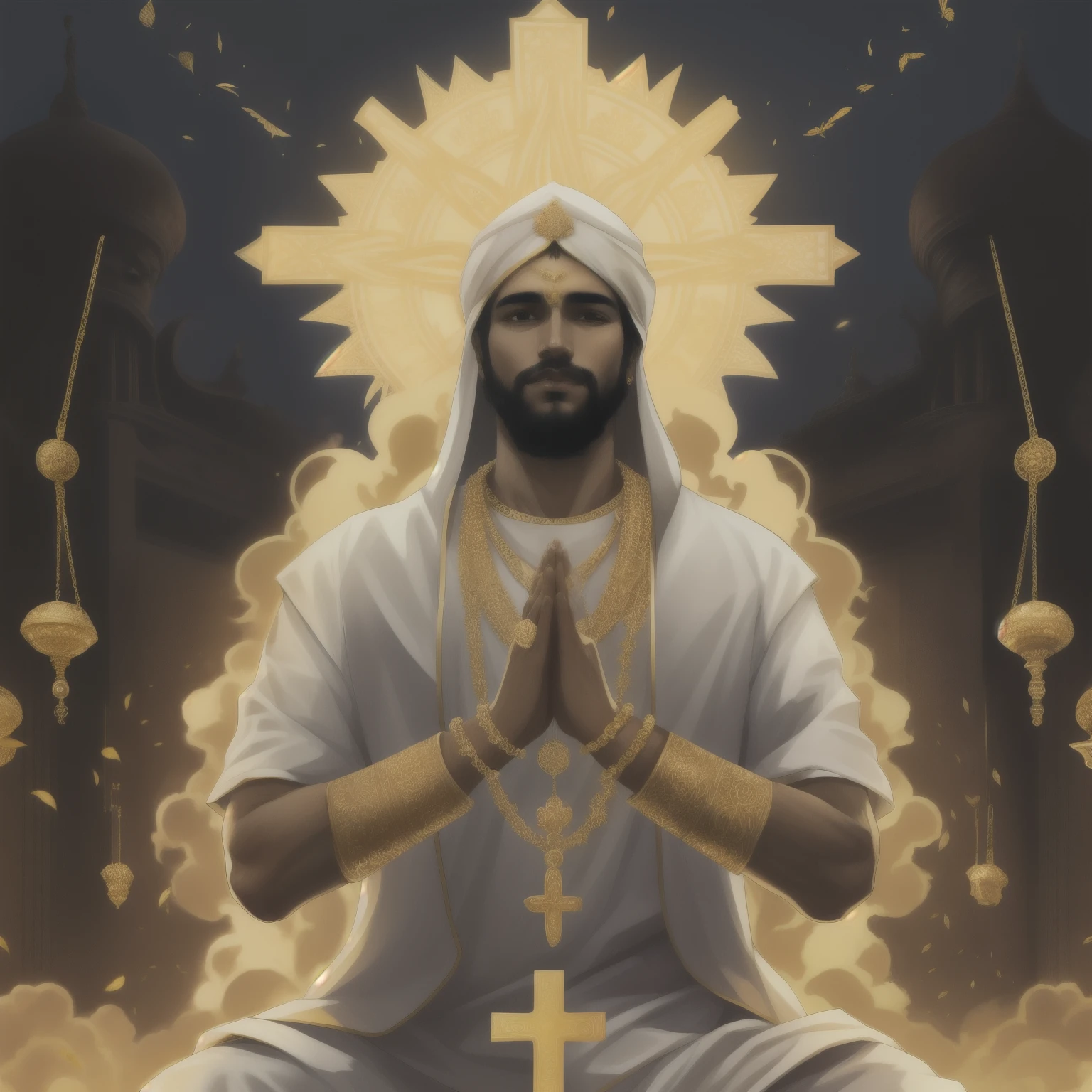 Arav's portrait of a man meditating., beautiful golden saint, The holy man looked at the ground., black jesus, God-Emperor of Mankind, indian god, hindu god, cyborg hindu godbody, king of ai art, Cyberpunk Jesus Christ, Hindu Aesthetics, god of wealth, God art concept, charming angel, Ancient kings wore white robes.
