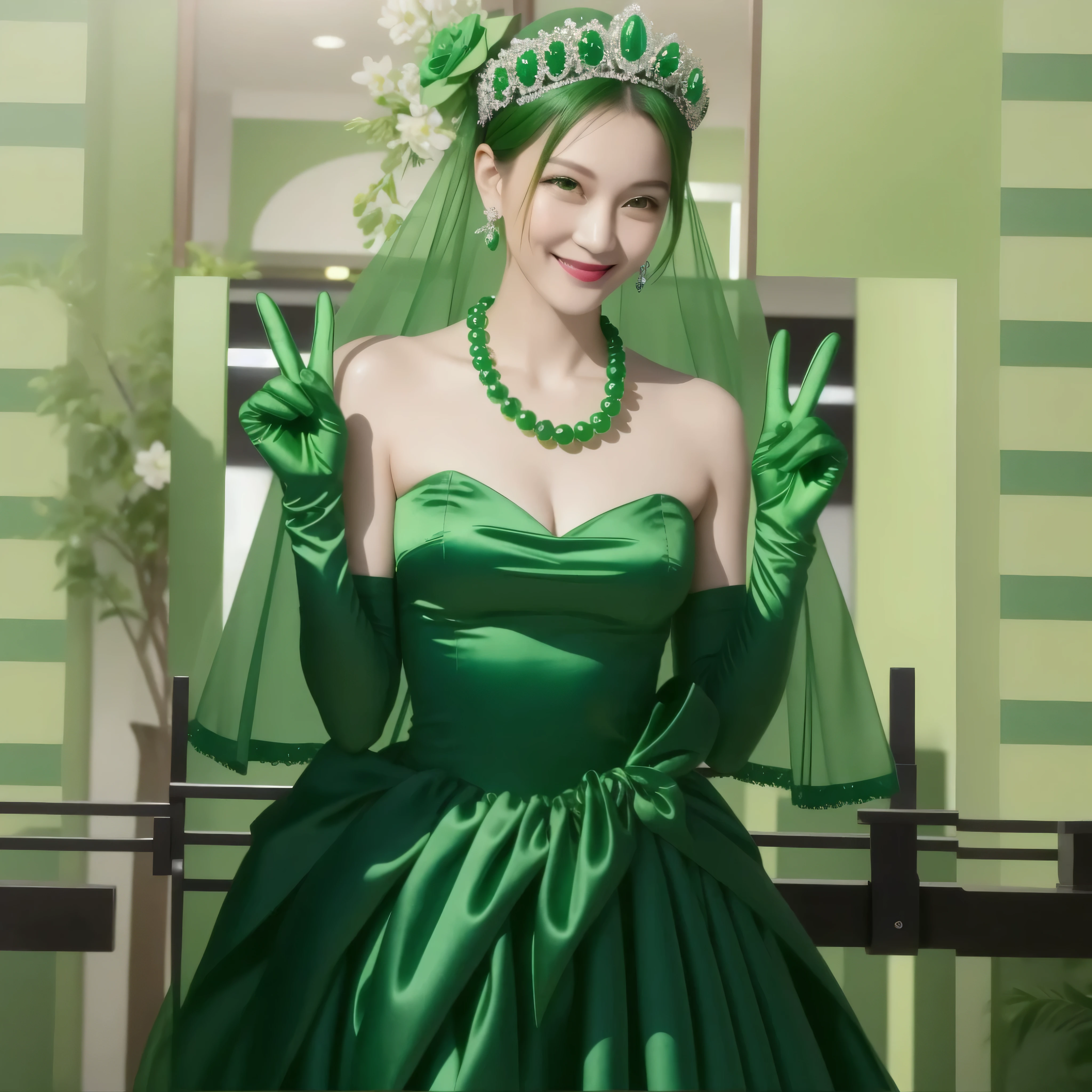 emerald tiara, green pearl necklace, Boyish green berry short hair, lipstick, Smiling Japan woman, very short hair, big breasts beautiful, green eyes, Green long gloves made of satin material, green eyes, V sign, emerald earrings, 30 generation women