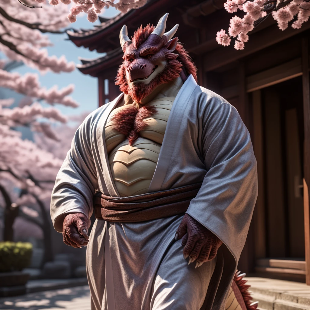 Eastern Dragon, Male, Solo, Middle-Aged, Daddy Vibe, Beard, Dragon horns, Scales, Wearing Kimono, Walking, Japanese Building Terrace With cherry blossom Background, Sexy, Looking at viewer, 1boy, (Photorealistic, Realistic Shadows, Cinematic Lighting, Depth of Field, Low Between Legs Shot),  Pecs, Hands out, Dragon Claws, Chest Hair, 