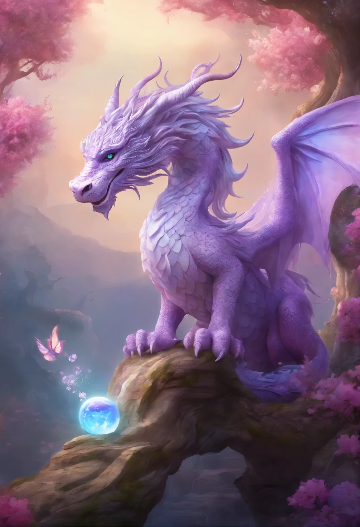 "Very nice 3d rendering of a lilac Chinese dragon,The dragon's face is kind、The background is a light blue flower garden、The dragon is holding a crystal ball with its paws、Dynamic performance, Vibrant effects and details,best image quality,High resolution,