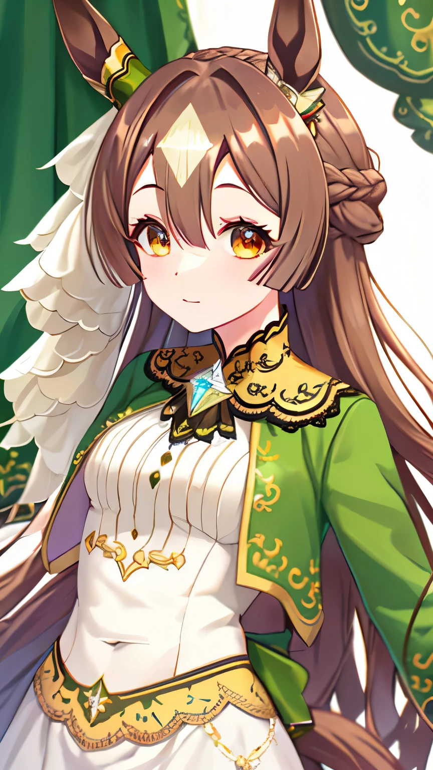 Satono Diamond,Umamusume,horse ears, Uma Musume ,horse tail,green ribbon,hair between eyes,brown hair, very long hair, spread hair, french braid,brown eyes, princess cut, white skin, shiny skin, 