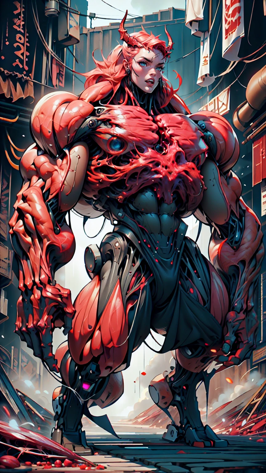 Cinematic, clear facial features and insanely detailed, the image captures the essence of (1 girl), (megan fox:1.25), (long red hair), (carnage skinless physique:1.25), (1 super muscular undead skinless succubus with gigantic horns:1.25), (covered in red necrotic rotting skinless muscle:1.25), (exposed muscles & veins everywhere:1.25), (perfect fingers:1.25) (full body pose:1.25). The color grading is beautifully done, enhancing the overall cinematic feel. Unreal Engine makes her appearance even more mesmerizing. With depth of field (DOF), every detail is focused and accentuated, drawing attention to her eyes and hair. Peak image resolution utilizing super-resolution technology ensures pixel perfection. Cinematic lighting enhances her aura, while anti-aliasing techniques like FXAA and TXAA keep the edges smooth and clean. Adding realism to the muscular bio-mecha succubus , RTX technology enables ray tracing. Additionally, SSAO (Screen Space Ambient Occlusion) gives depth and realism to the scene, the girl's presence even more convincing. In the post-processing and post-production stages, tone mapping enhances the colors, creating a captivating visual experience. The integration of CGI (Computer-Generated Imagery) and VFX (Visual Effects brings out her demonic features seamlessly . Icredible level of detail, with intricate elements meticulously crafted, the artwork hyper maximalist and hyper-realistic. Volumetric effects add depth and dimension, with unparalleled photorealism. 8k resolution rendering ensures super detailed visuals. The volumetric lighting adds a touch of magic, highlighting her beauty and aura in an otherworldly way. High Dynamic Range (HDR) tech makes the colors pop, adding richness to the overall composition. Ultimately, this artwork presents an unreal, yet stunningly real portrayal of an incredibly beautiful bio-mecha succubus girl. The sharp focus ensures that every feature is crisply defined, creating a captivating presence.