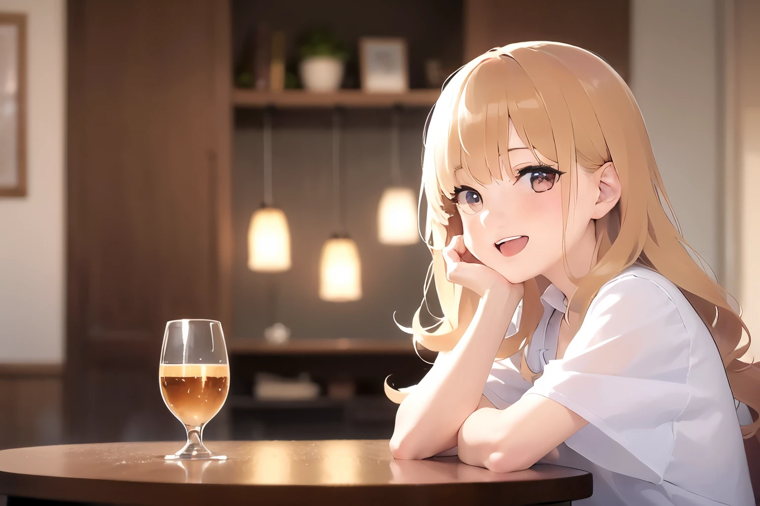 Upper Body, Realistic, real person, (pale skin: 1.2), RAW photo, photorealistic, portrait photography, shiny skin, japanese idol、shiny hair、(25 year old woman with medium hair with blonde bangs) and (wavy hair) and (orange eyes) , smile, open mouth, (blush:1.3), Wearing a plain white T-shirt、The background is the living room、night、illumination、Alone、sitting at the dining table、wine glass