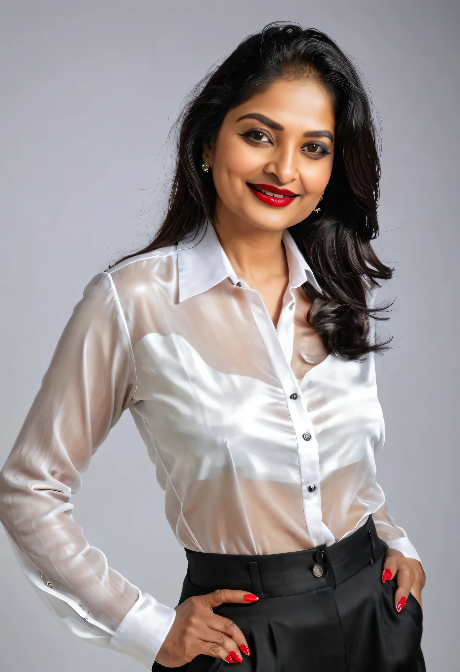 Indian mid age women in her forties wearing modern white silk see-through shirt and black trousers. First two buttons of her shirt is open, black bra is visible, smiling seductively, hair tied in a not, red lipstick 