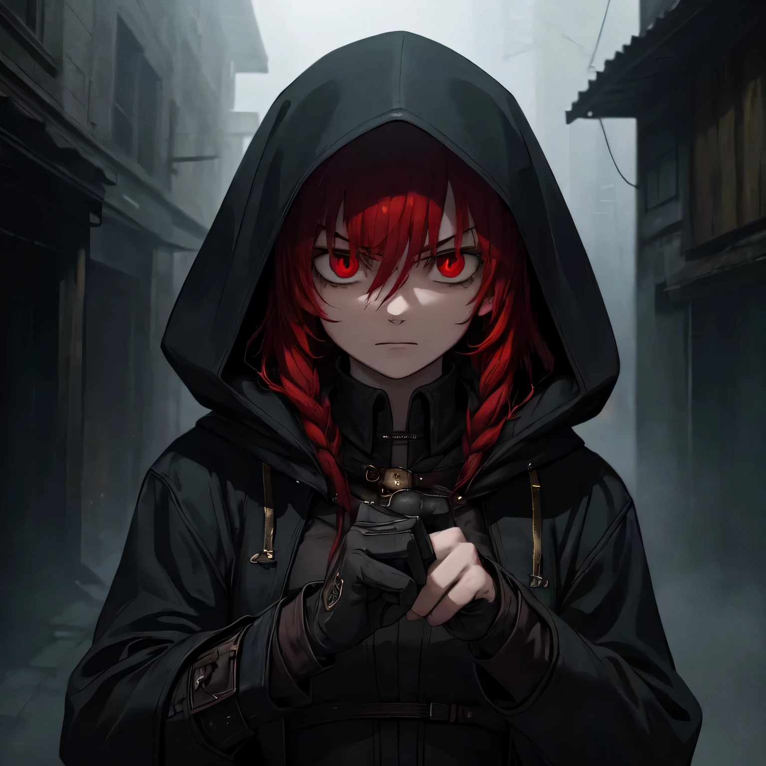 Melhor qualidade, realista, uma garota com cabelo ruivo e olhos e rosto detalhados, segurando duas pistolas, usando um vestido preto, com um sobretudo preto, and a person with a black hood on their head. The scene portrays a huntress inspired by the style of Van Helsing. The background is dark, mysterious scenery with dimly lit streets and fog. The colors are rich and vibrant, com uma paleta de cores escuras e temperamentais. The lighting is dramatic, casting long shadows and highlighting the girl's determined expression. The overall image should have a cinematic and exciting atmosphere, capturing the essence of a fierce and skilled huntress in action.