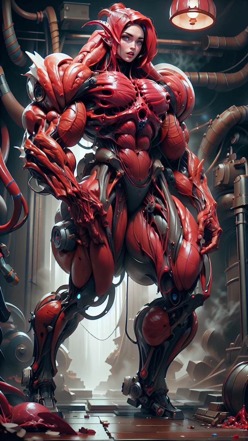 Cinematic, clear facial features and insanely detailed, the image captures the essence of (1 girl), (megan fox:1.25), (long red hair), (carnage skinless physique:1.25), (1 super muscular undead skinless succubus with gigantic horns:1.25), (covered in red necrotic rotting skinless muscle:1.25), (exposed muscles & veins everywhere:1.25), (perfect fingers:1.25) (full body pose:1.25). The color grading is beautifully done, enhancing the overall cinematic feel. Unreal Engine makes her appearance even more mesmerizing. With depth of field (DOF), every detail is focused and accentuated, drawing attention to her eyes and hair. Peak image resolution utilizing super-resolution technology ensures pixel perfection. Cinematic lighting enhances her aura, while anti-aliasing techniques like FXAA and TXAA keep the edges smooth and clean. Adding realism to the muscular bio-mecha succubus , RTX technology enables ray tracing. Additionally, SSAO (Screen Space Ambient Occlusion) gives depth and realism to the scene, the girl's presence even more convincing. In the post-processing and post-production stages, tone mapping enhances the colors, creating a captivating visual experience. The integration of CGI (Computer-Generated Imagery) and VFX (Visual Effects brings out her demonic features seamlessly . Icredible level of detail, with intricate elements meticulously crafted, the artwork hyper maximalist and hyper-realistic. Volumetric effects add depth and dimension, with unparalleled photorealism. 8k resolution rendering ensures super detailed visuals. The volumetric lighting adds a touch of magic, highlighting her beauty and aura in an otherworldly way. High Dynamic Range (HDR) tech makes the colors pop, adding richness to the overall composition. Ultimately, this artwork presents an unreal, yet stunningly real portrayal of an incredibly beautiful bio-mecha succubus girl. The sharp focus ensures that every feature is crisply defined, creating a captivating presence.