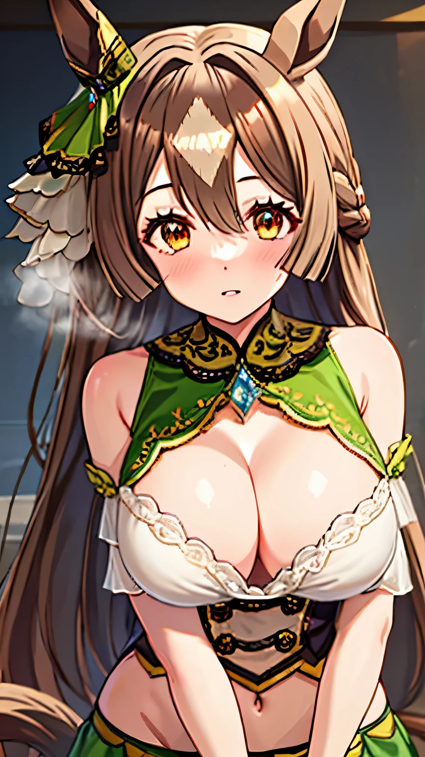 Satono Diamond,Umamusume,horse ears, Uma Musume ,horse tail,green ribbon,hair between eyes,brown hair, very long hair, spread hair, french braid,brown eyes, princess cut, white skin, shiny skin, glamorous, teenager, big breasts, open mouse, blush, embarrassing, Oil, ((cleavage,)) lips, ((erect nipples,)) (((((humid,))))) 