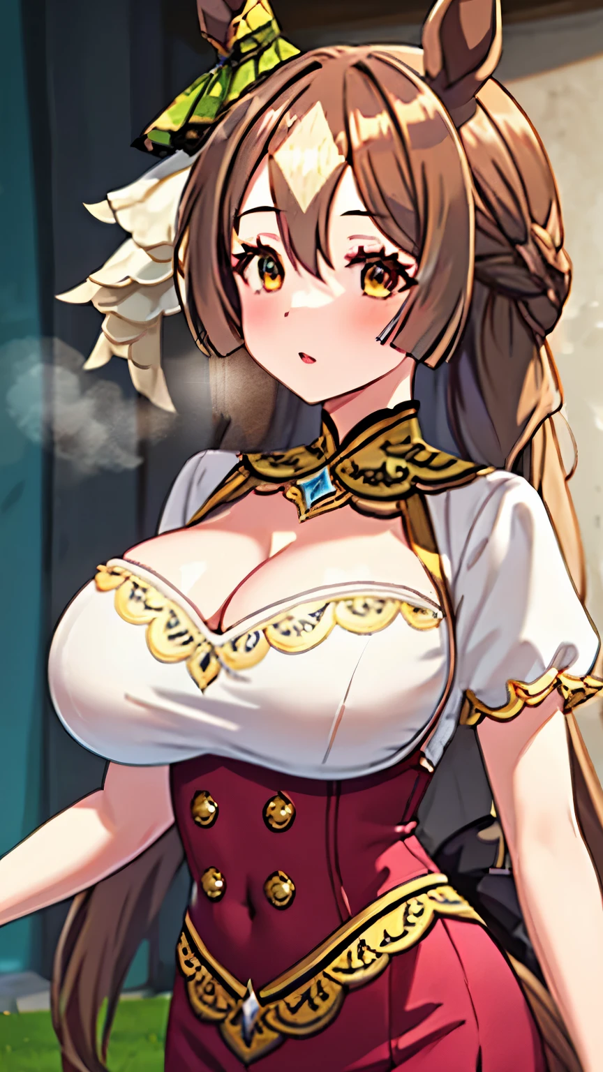 Satono Diamond,Umamusume,horse ears, Uma Musume ,horse tail,green ribbon,hair between eyes,brown hair, very long hair, spread hair, french braid,brown eyes, princess cut, white skin, shiny skin, glamorous, teenager, big breasts, open mouse, blush, embarrassing, Oil, ((cleavage,)) lips, ((erect nipples,)) (((((humid,))))) 