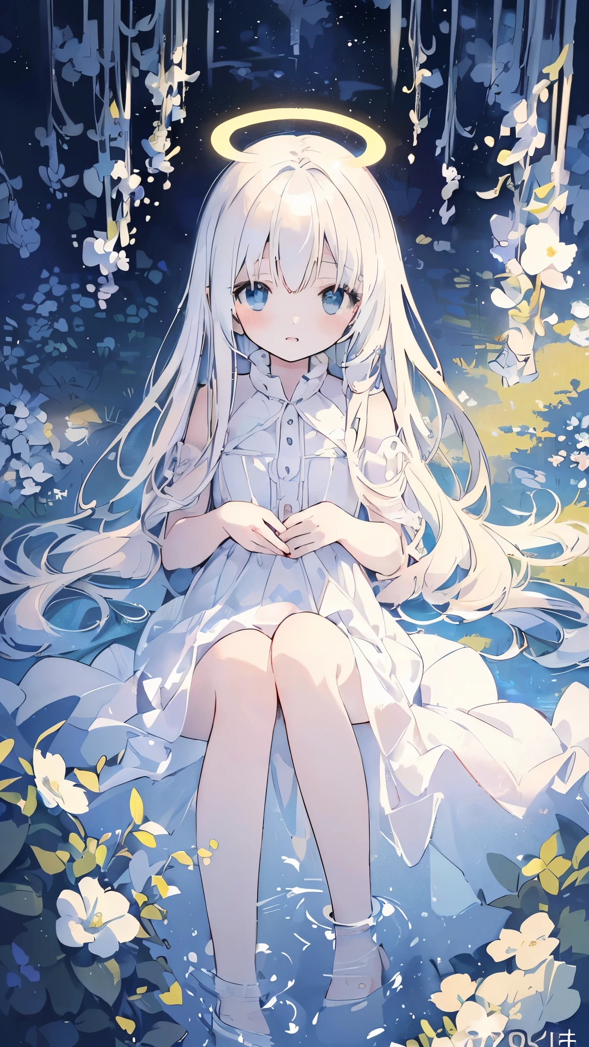 High resolution, (An illustration: 1.3), anime、((highest quality)), (Super detailed), (beautiful), ((land of death:1.3)), alone,(8-year-old:1.4)、cute face、(halo,white dress:1.4),white and transparent skin、(white ribbon on head:1.3)、Shiny pale colorful blonde long hair,Delighted face、(low position、from below:1.3)