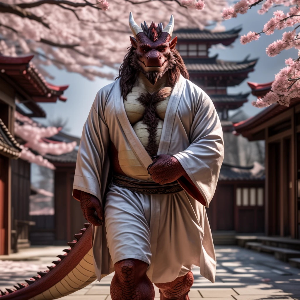 Eastern Dragon, Male, Solo, Middle-Aged, Daddy Vibe, Beard, Dragon horns, Scales, Wearing Kimono, Walking, Japanese Building Terrace With cherry blossom Background, Sexy, Looking at viewer, 1boy, (Photorealistic, Realistic Shadows, Cinematic Lighting, Depth of Field, Low Between Legs Shot),  Pecs, Hands out, Dragon Claws, Chest Hair, Legs, Bulge