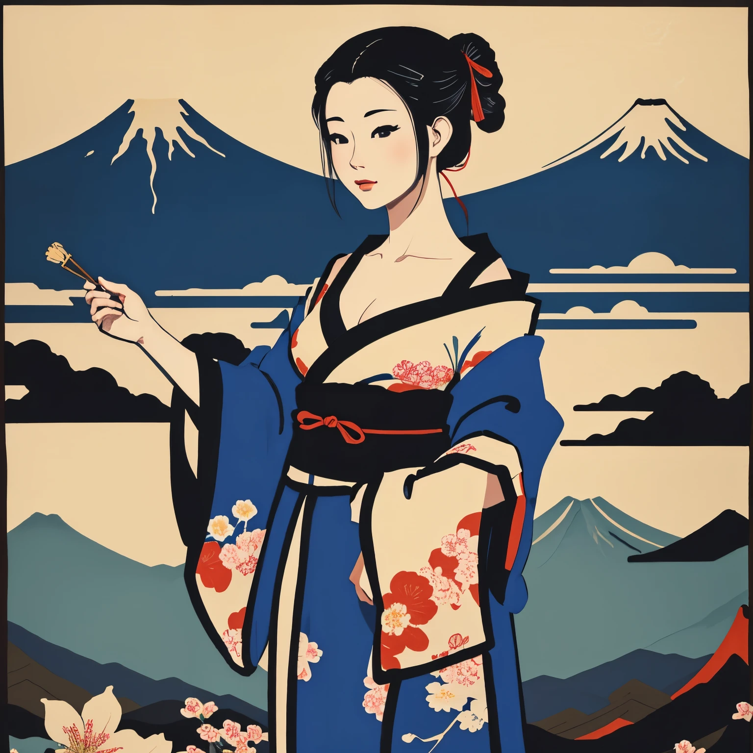 Art vintage japonais, Conception de t-shirts, Art vectoriel, plat d&#39;Art:1,4. \\ (japonaise, en kimono, best quality, Art officiel, Beaucoup de couleurs, couleurs du japon, ukiyo-e, le mont fuji, fleurs de cerisier, bare shoulders, belles formes,: 1.2