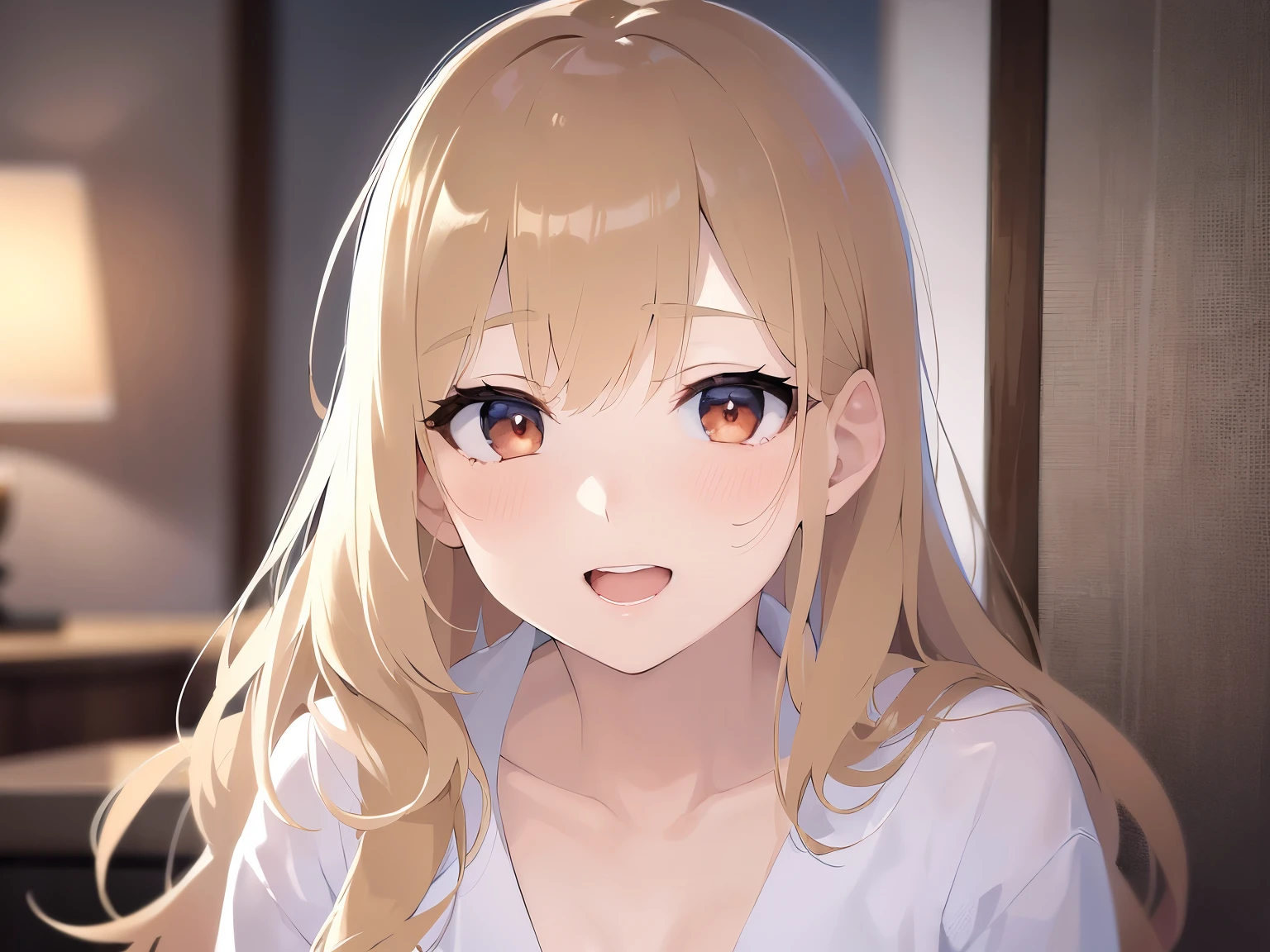 Upper Body, Realistic, real person, (pale skin: 1.2), RAW photo, photorealistic, portrait photography, shiny skin, japanese idol、shiny hair、(25 year old woman with medium hair with blonde bangs) and (wavy hair) and (orange eyes) , smile, open mouth, (blush:1.3), Wearing a plain white T-shirt、The background is the living room、night、illumination、Alone、sitting at the dining table、wine glass