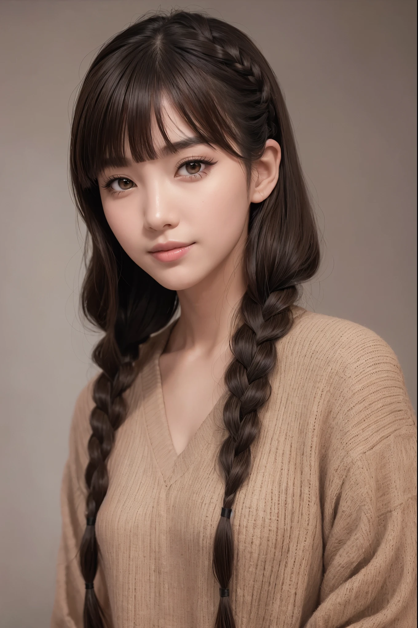 Realistic, masterpiece, highest quality, highest resolution, one japanese woman, A happy smile, beautiful detailed eyes, black eyes, thin eyebrows, Make your eyelashes delicate, false eyelashes, natural makeup, (braid hair, blunt bangs, brown hair:1.2), detailed face, He looks slightly to the side, but is always looking at the viewer., simple design red color shirt, upper body photo, portrait background