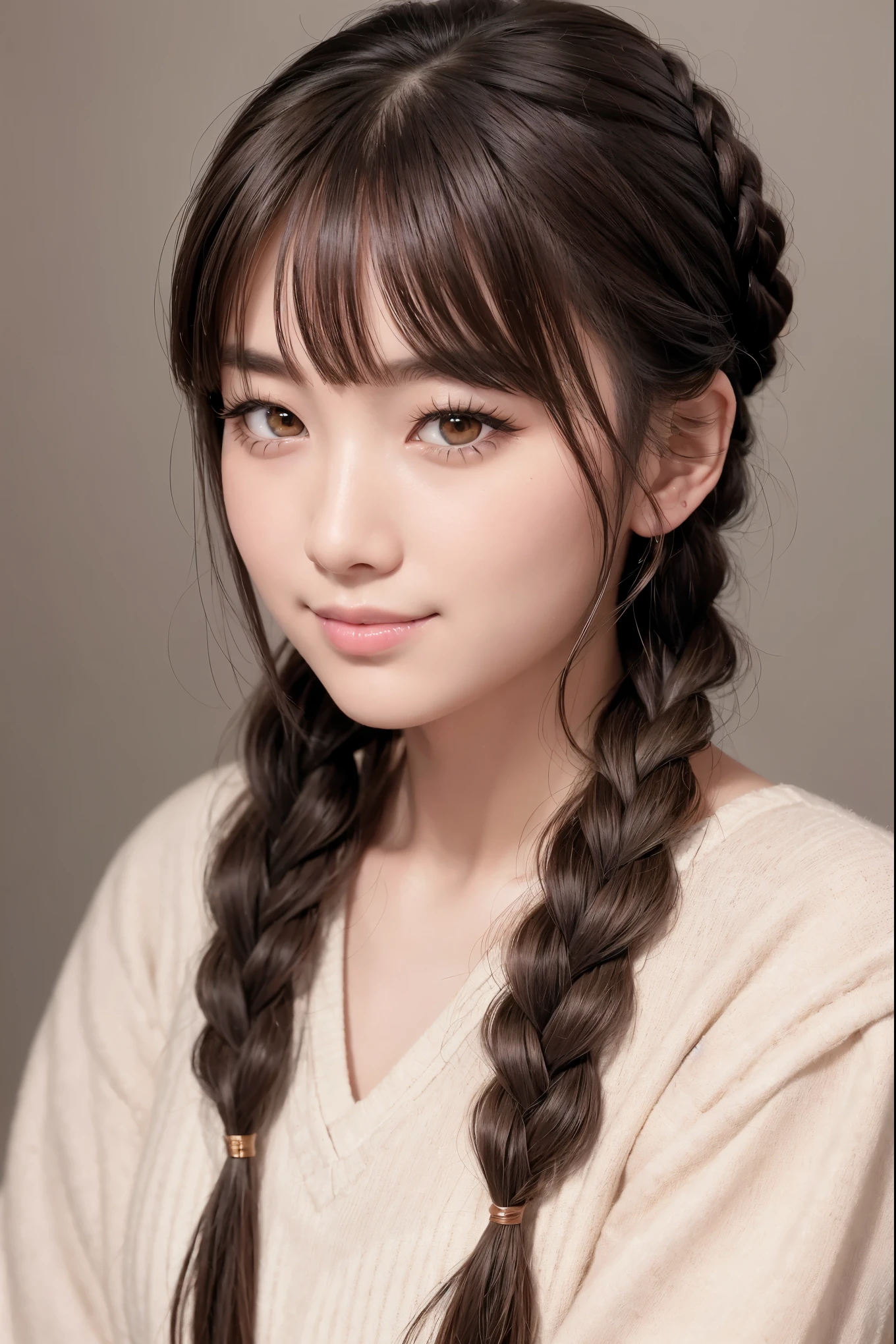 Realistic, masterpiece, highest quality, highest resolution, one japanese woman, A happy smile, beautiful detailed eyes, black eyes, thin eyebrows, Make your eyelashes delicate, false eyelashes, natural makeup, (braid hair, blunt bangs, brown hair:1.2), detailed face, He looks slightly to the side, but is always looking at the viewer., simple design red color shirt, upper body photo, portrait background, simple design accessories